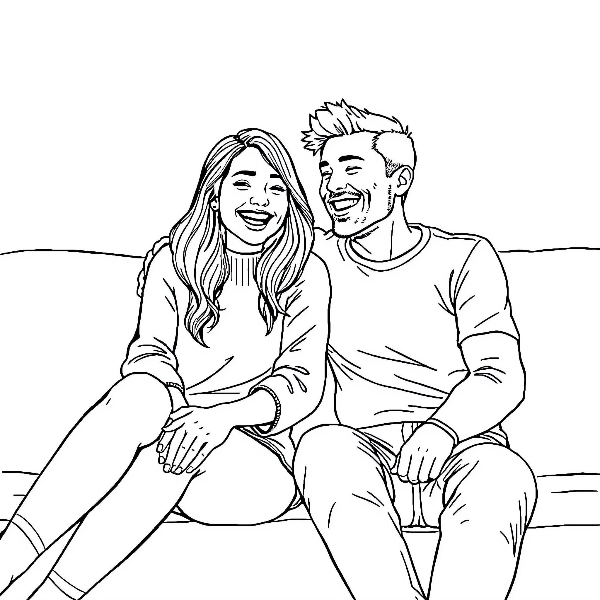 Angèle's Happy Moment with Her Companion Coloring Page (free black-and-white line drawing printable PDF for all, from beginners to advanced learners, including children, teens, adults, and seniors)