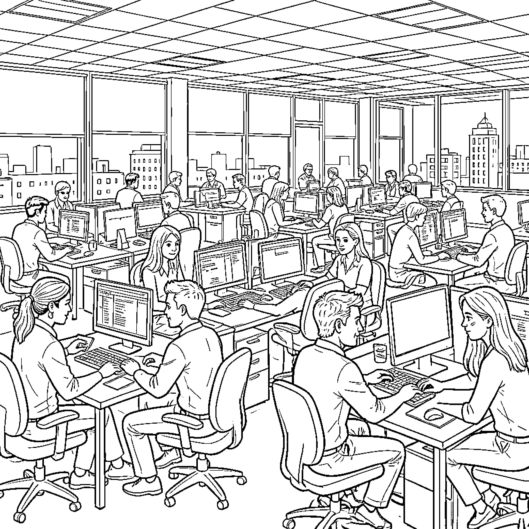 Work in a Bustling Office Environment Coloring Page (free black-and-white line drawing printable PDF for all, from beginners to advanced learners, including children, teens, adults, and seniors)