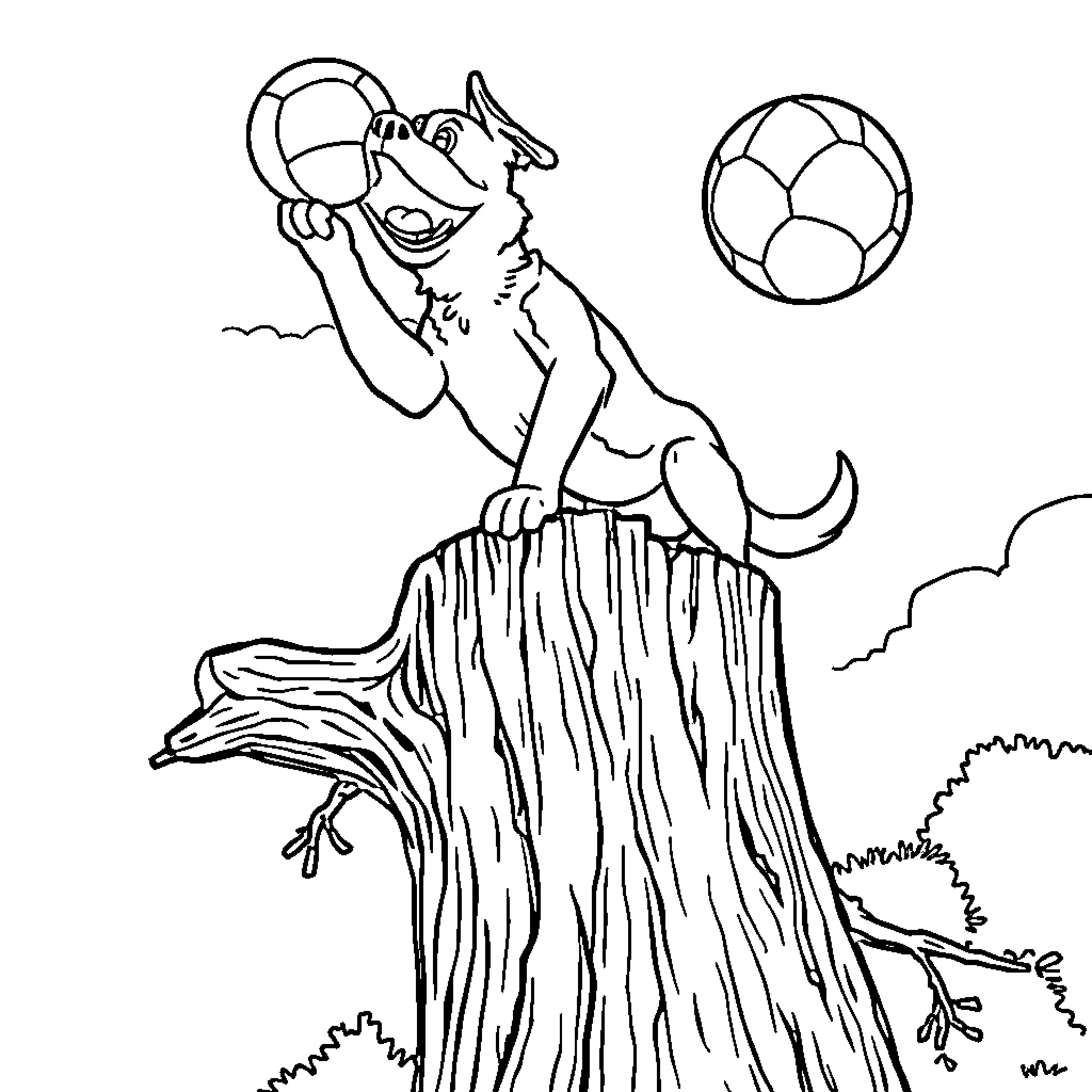 Stafford Dog Playing with Soccer Ball on Log Coloring Page (free black-and-white line drawing printable PDF for all, from beginners to advanced learners, including children, teens, adults, and seniors)