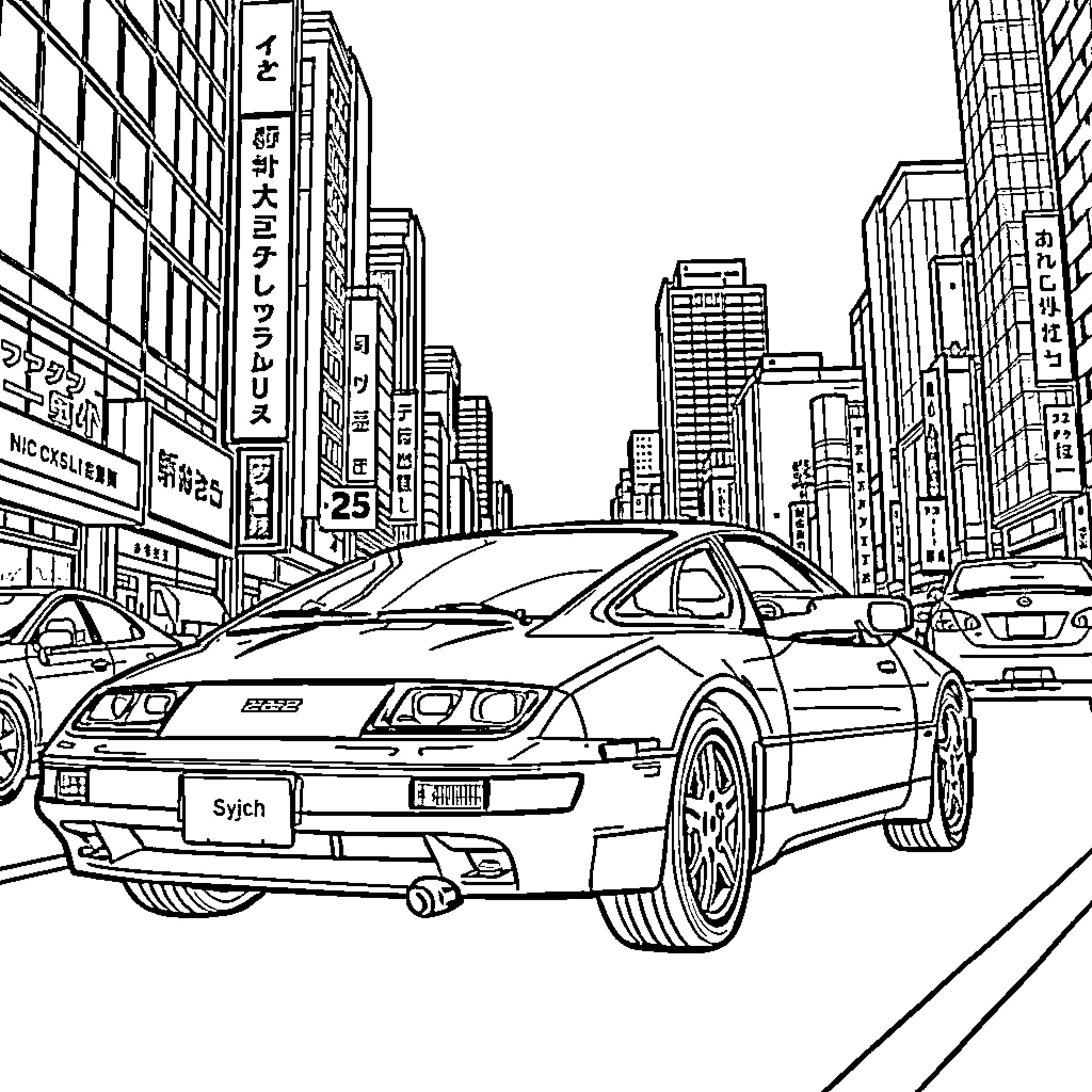 Nissan sports car in a bustling city scene Coloring Page (free black-and-white line drawing printable PDF for all, from beginners to advanced learners, including children, teens, adults, and seniors)