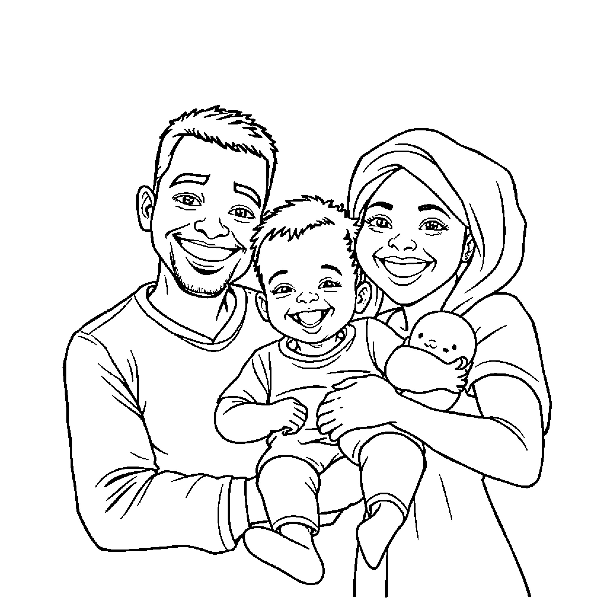 Family Portrait of Smiling Parents and Child Coloring Page (free black-and-white line drawing printable PDF for all, from beginners to advanced learners, including children, teens, adults, and seniors)