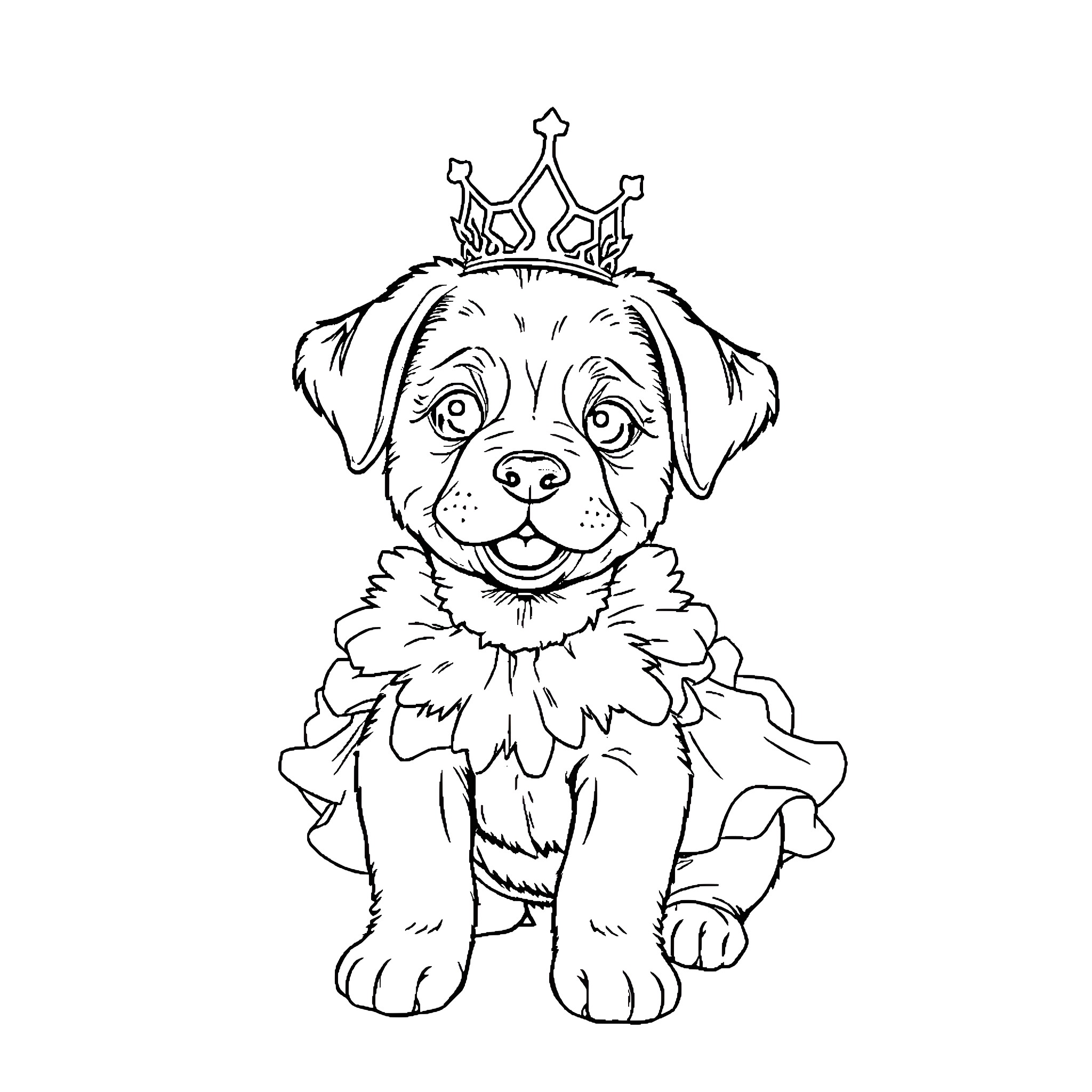 Puppy wearing a crown and fancy outfit Coloring Page (free black-and-white line drawing printable PDF for all, from beginners to advanced learners, including children, teens, adults, and seniors)