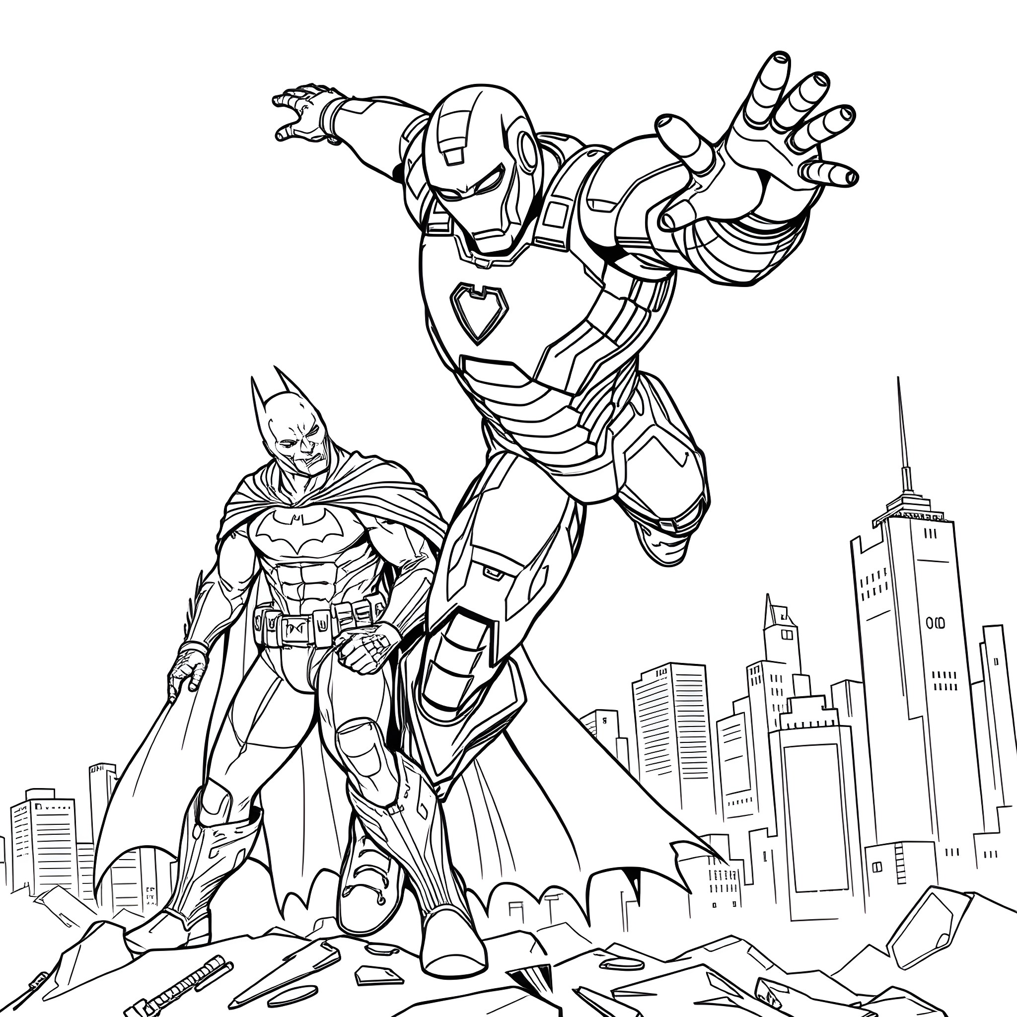 Ironman and Batman Superhero Battle in the City Coloring Page (free black-and-white line drawing printable PDF for all, from beginners to advanced learners, including children, teens, adults, and seniors)