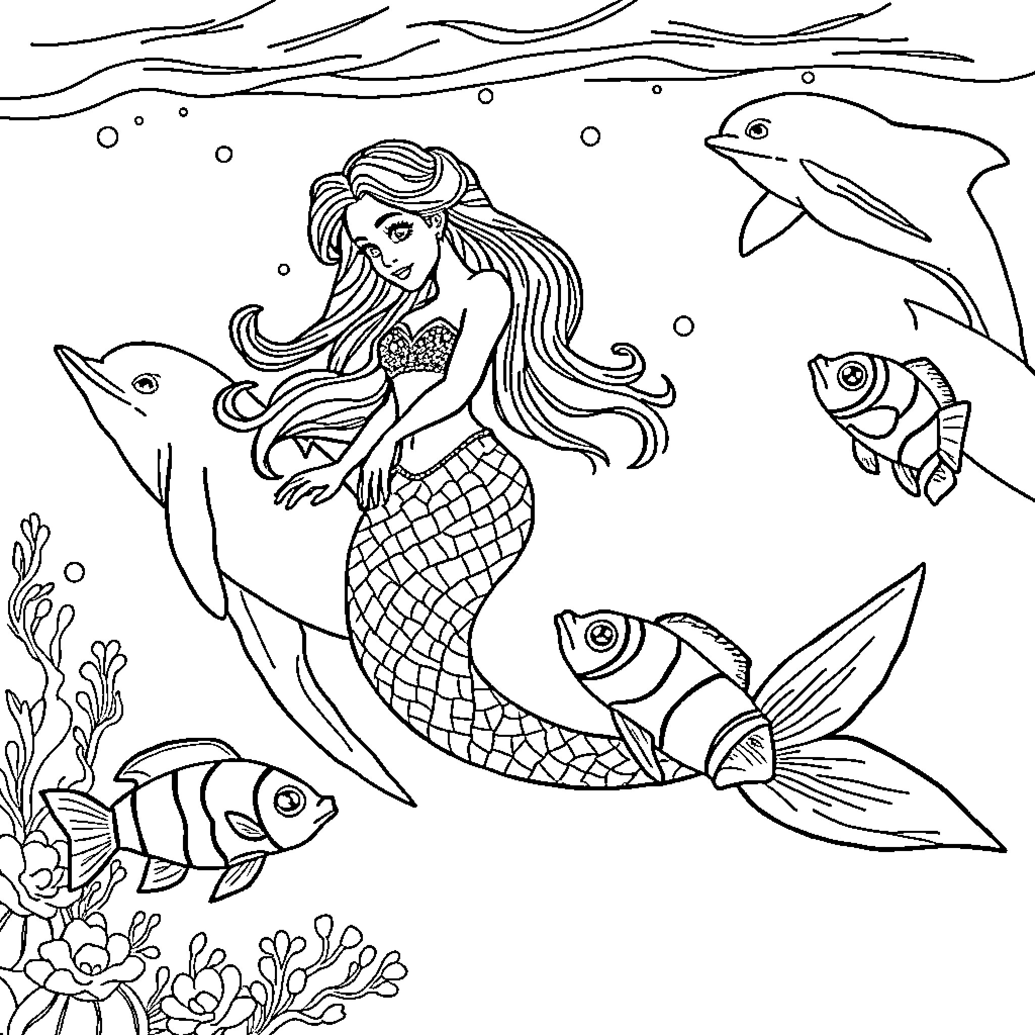 Mermaid swimming with friendly sea creatures Coloring Page (free black-and-white line drawing printable PDF for all, from beginners to advanced learners, including children, teens, adults, and seniors)