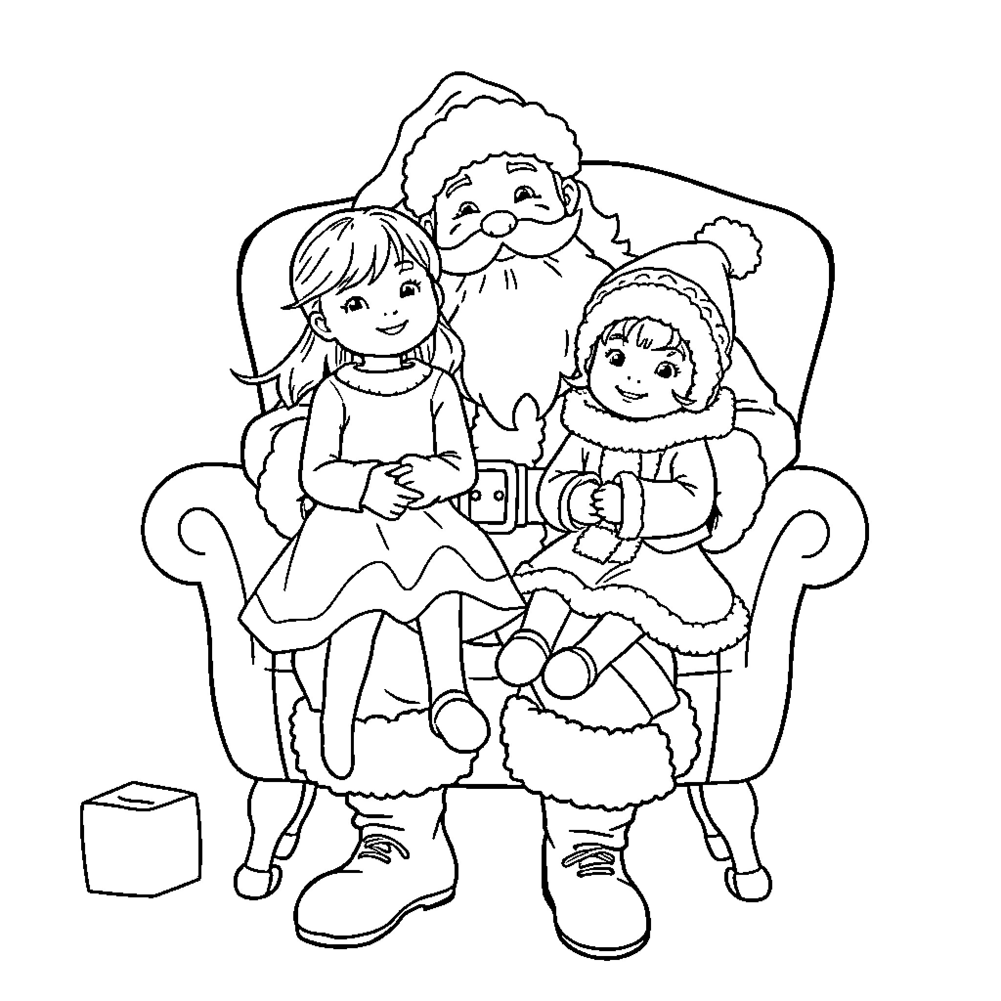 Santa Claus sharing gifts with children Coloring Page (free black-and-white line drawing printable PDF for all, from beginners to advanced learners, including children, teens, adults, and seniors)