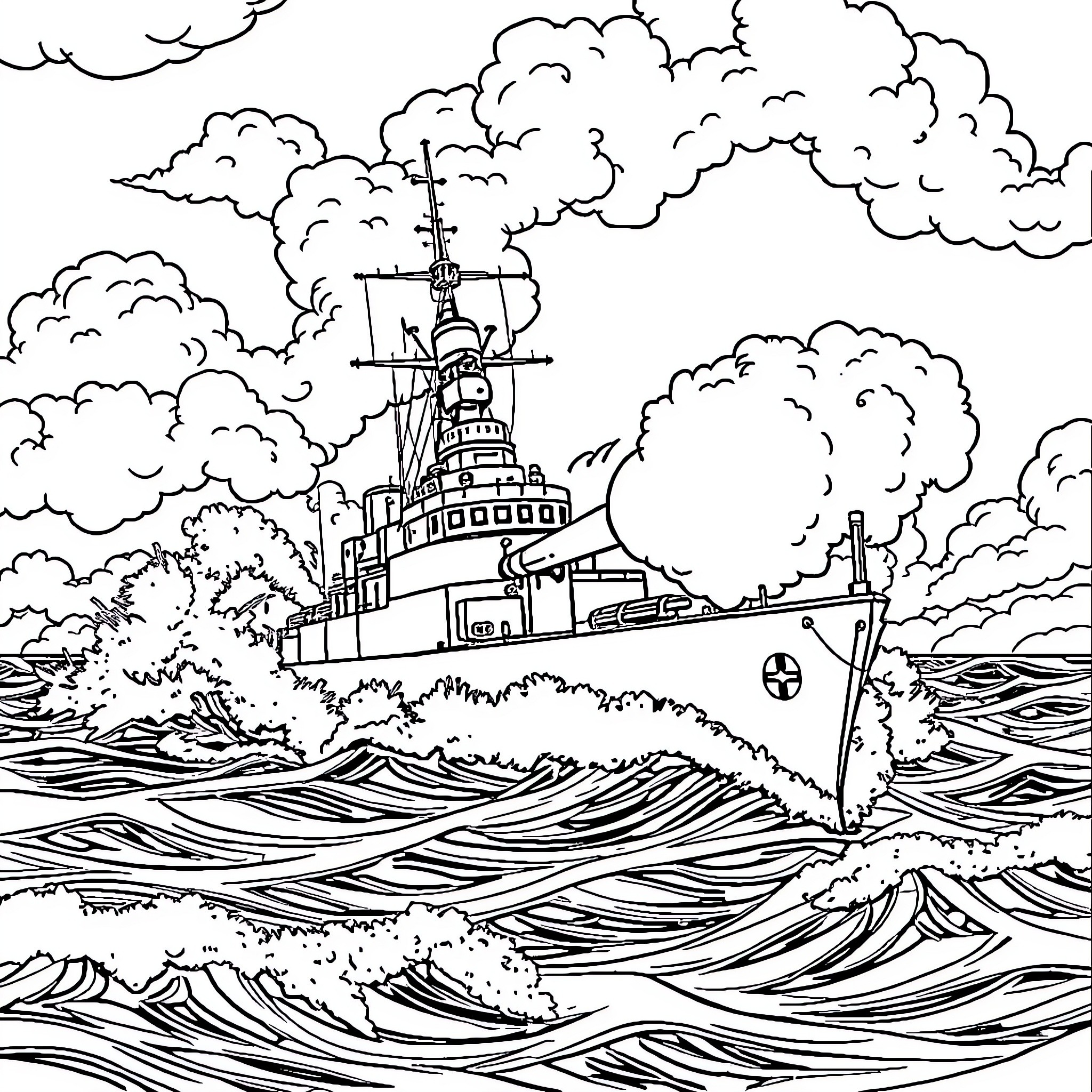 Destroyer navigating through stormy seas Coloring Page (free black-and-white line drawing printable PDF for all, from beginners to advanced learners, including children, teens, adults, and seniors)