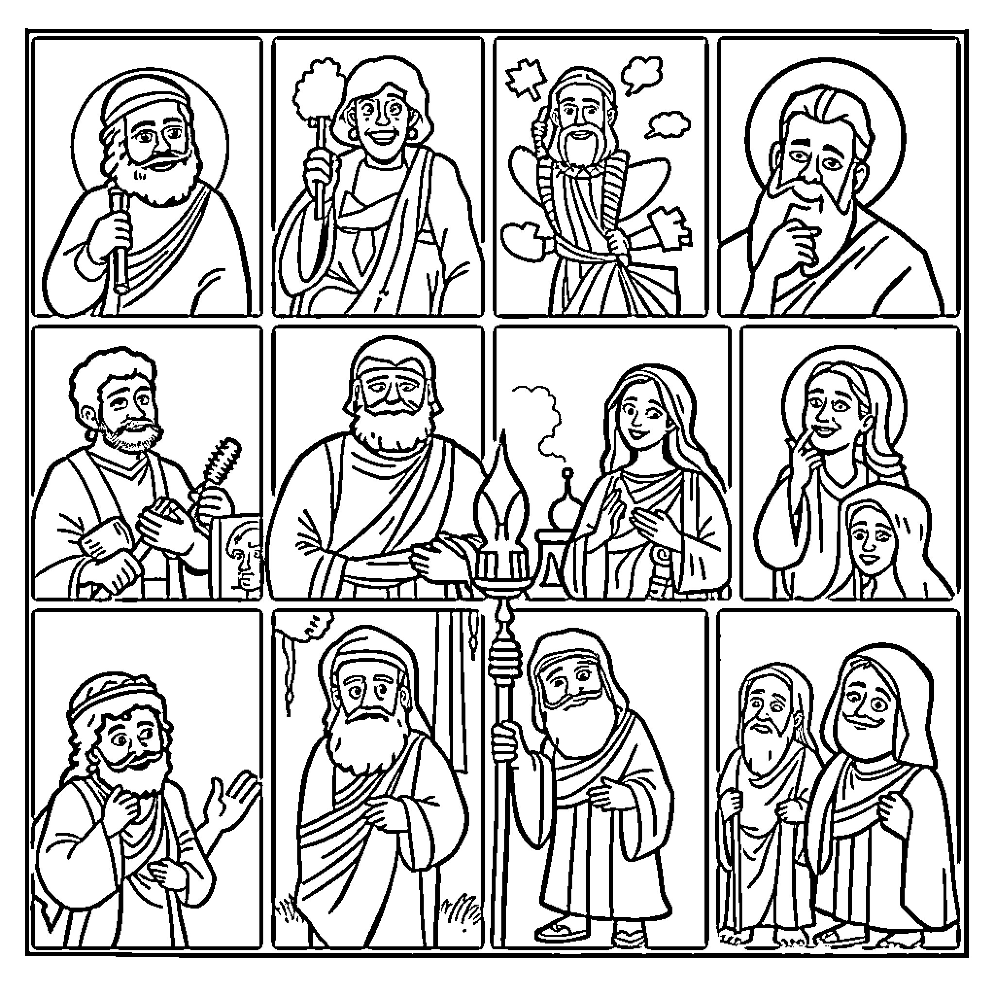 Bible Characters in Various Poses and Scenes Coloring Page (free black-and-white line drawing printable PDF for all, from beginners to advanced learners, including children, teens, adults, and seniors)