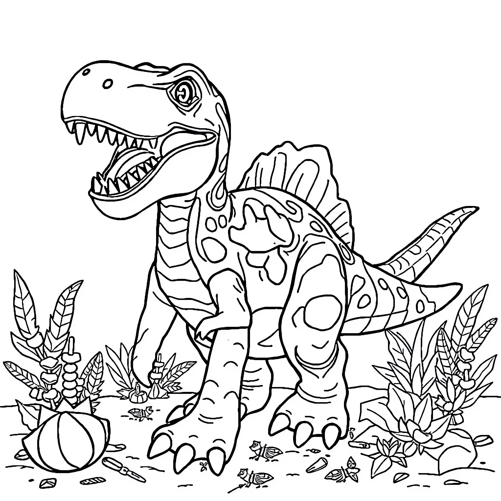 Dinosaur roaring in the prehistoric landscape Coloring Page (free black-and-white line drawing printable PDF for all, from beginners to advanced learners, including children, teens, adults, and seniors)