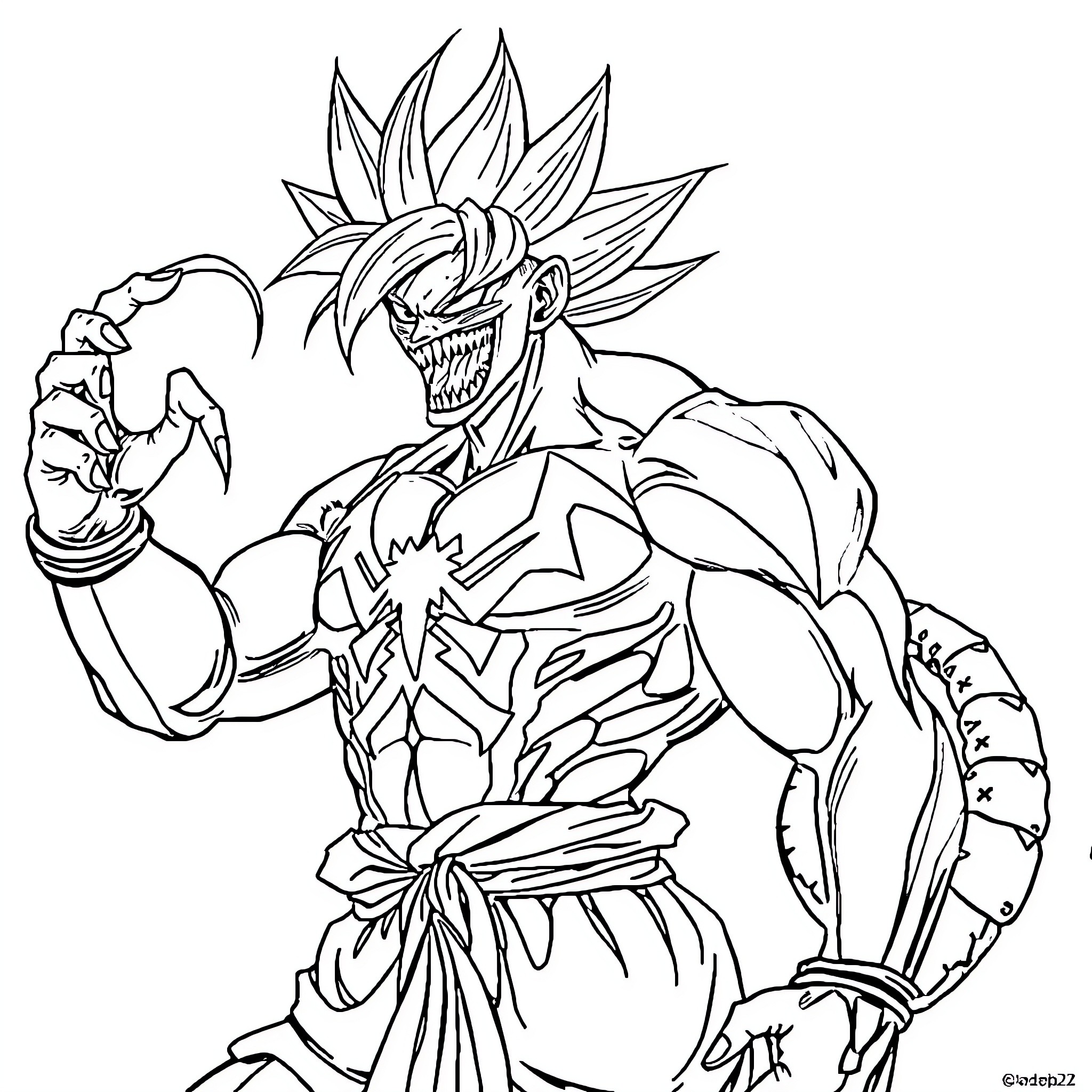 Venom Goku in fierce battle stance Coloring Page (free black-and-white line drawing printable PDF for all, from beginners to advanced learners, including children, teens, adults, and seniors)
