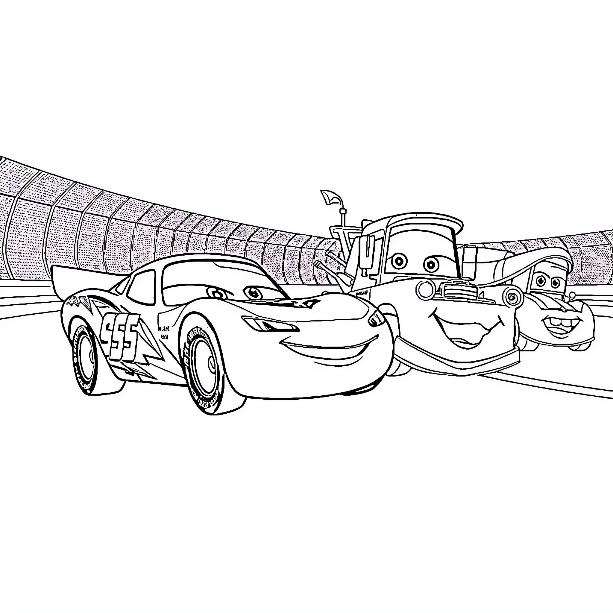 Car characters racing on the track Coloring Page (free black-and-white line drawing printable PDF for all, from beginners to advanced learners, including children, teens, adults, and seniors)