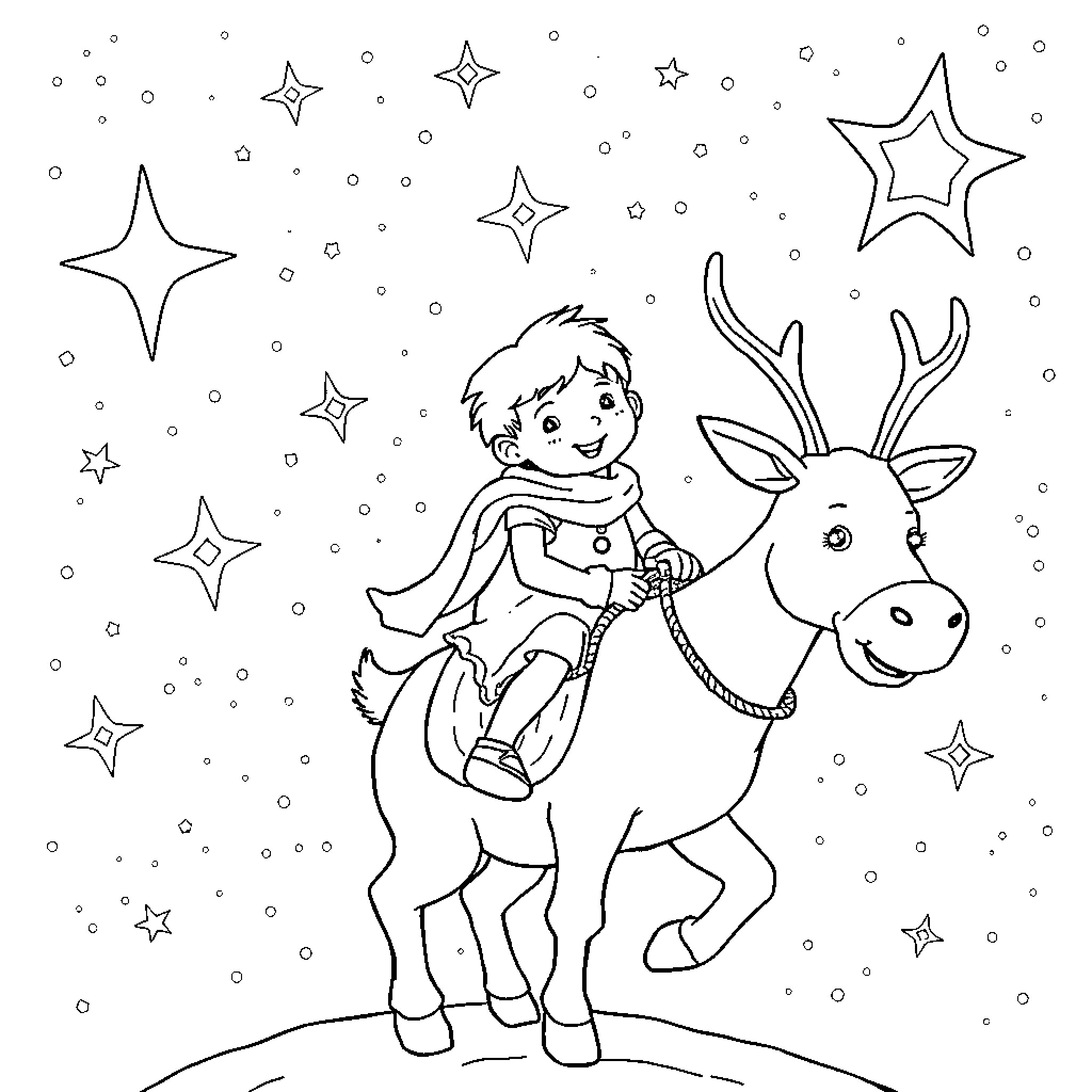 Child riding a reindeer under the starry night sky Coloring Page (free black-and-white line drawing printable PDF for all, from beginners to advanced learners, including children, teens, adults, and seniors)