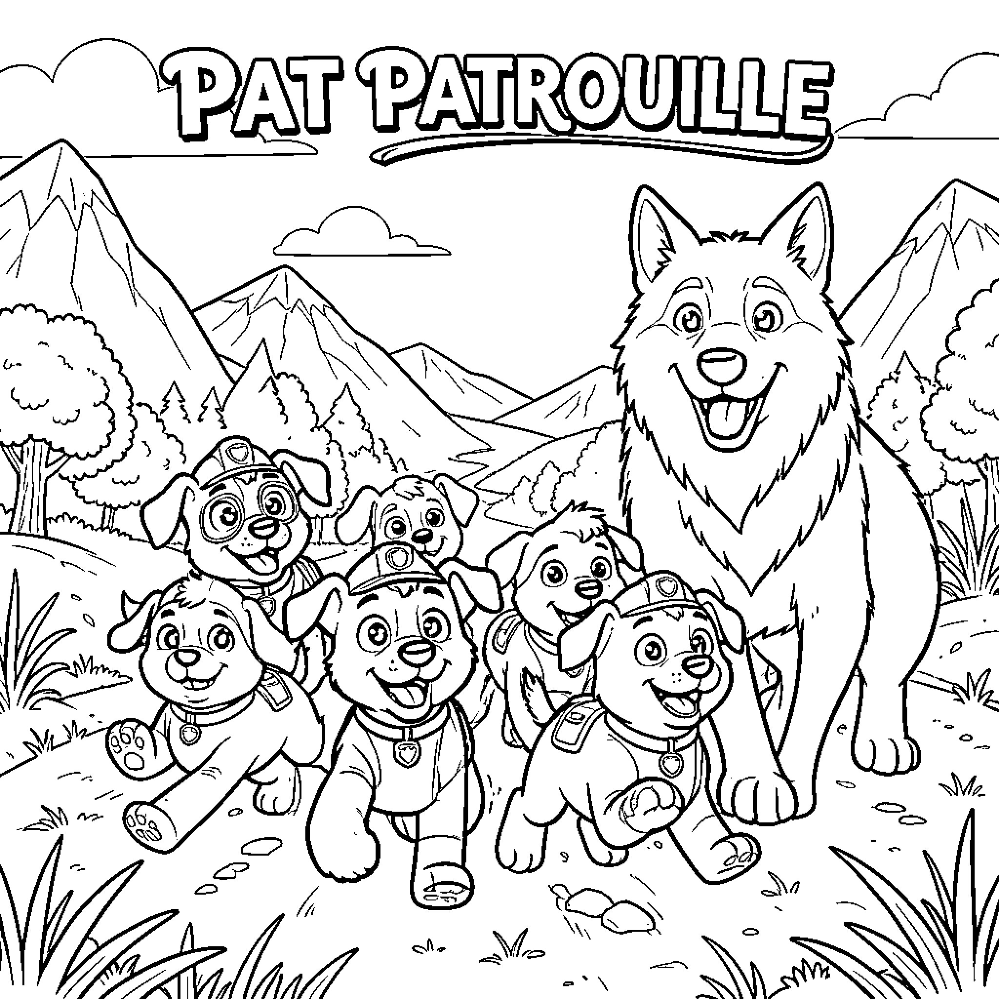 Pat Patrouille pups running happily through a mountain landscape Coloring Page (free black-and-white line drawing printable PDF for all, from beginners to advanced learners, including children, teens, adults, and seniors)