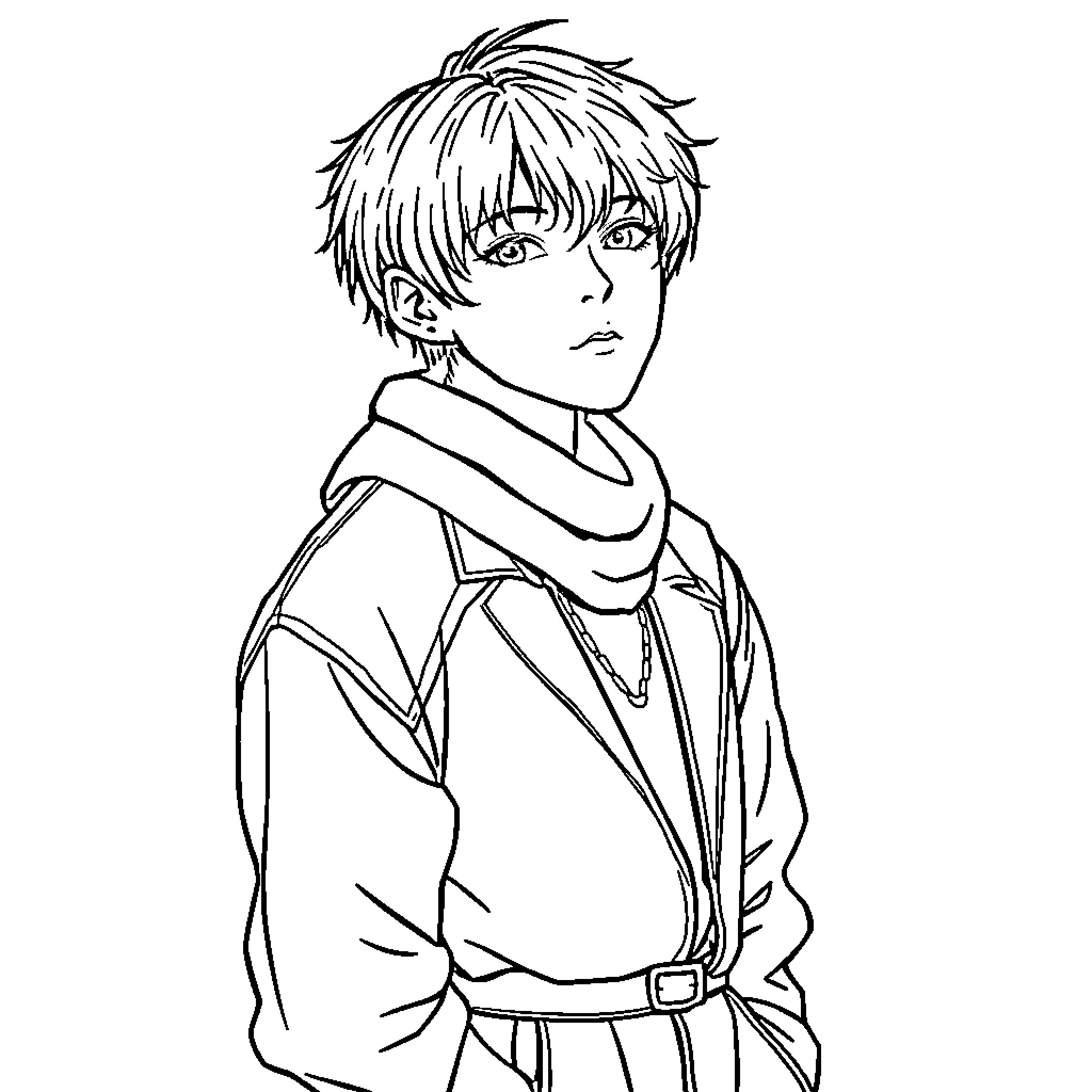 Rumi's pensive expression and casual attire Coloring Page (free black-and-white line drawing printable PDF for all, from beginners to advanced learners, including children, teens, adults, and seniors)