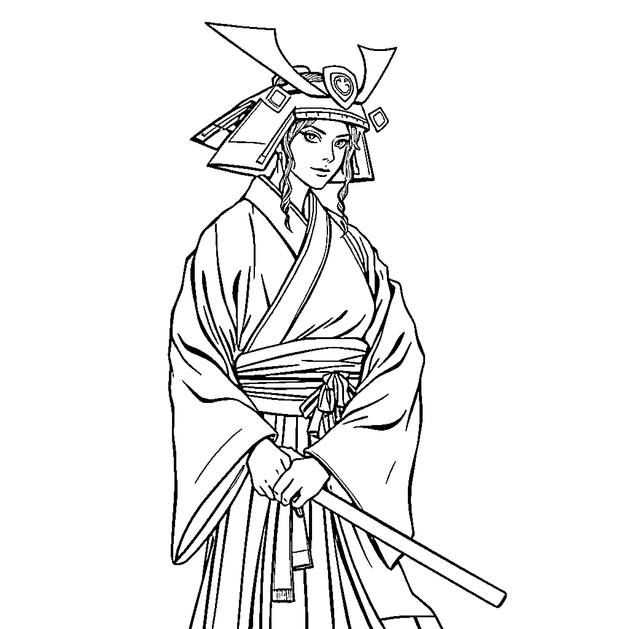 Samurai warrior with traditional attire and weaponry Coloring Page (free black-and-white line drawing printable PDF for all, from beginners to advanced learners, including children, teens, adults, and seniors)