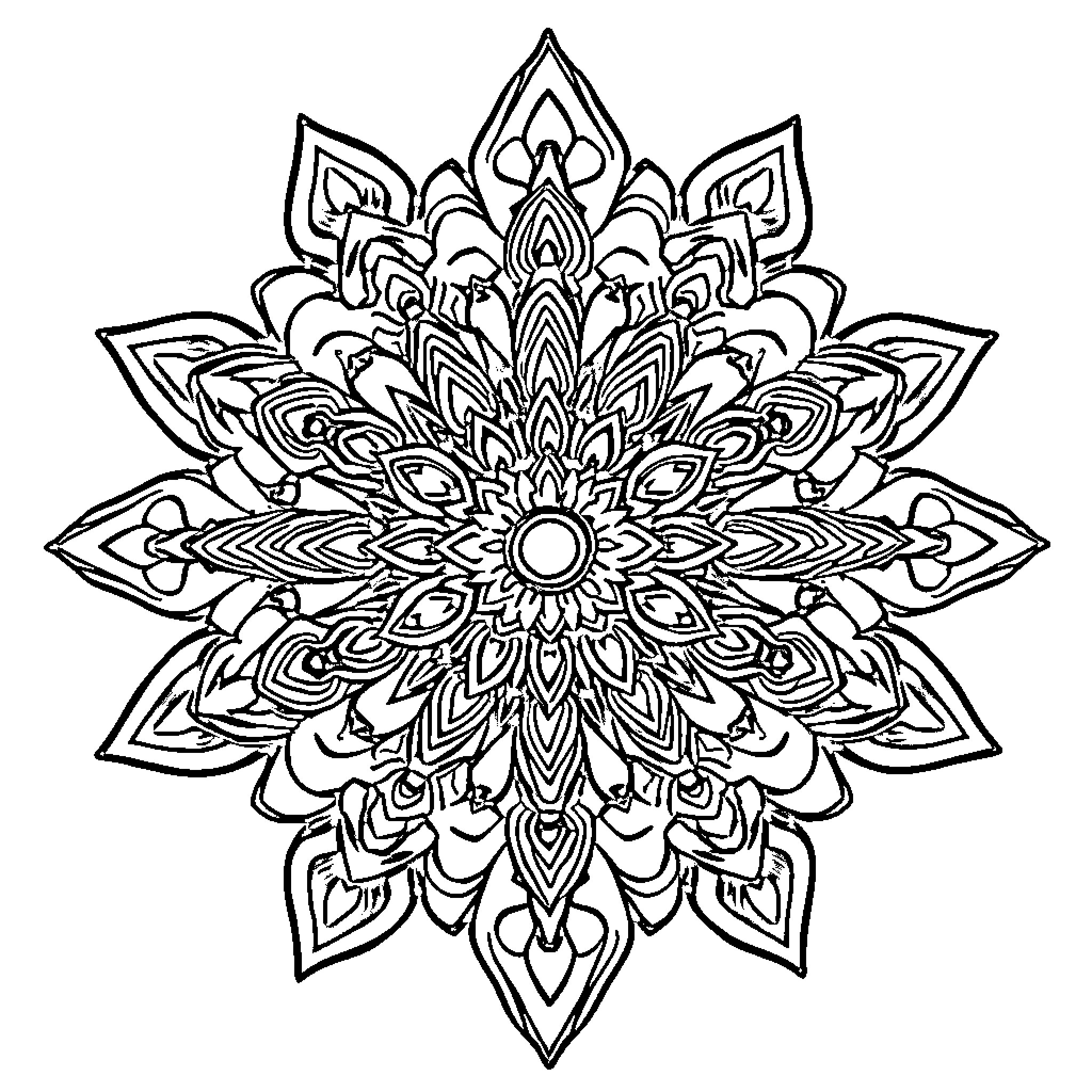 Mandala of intricate floral patterns Coloring Page (free black-and-white line drawing printable PDF for all, from beginners to advanced learners, including children, teens, adults, and seniors)