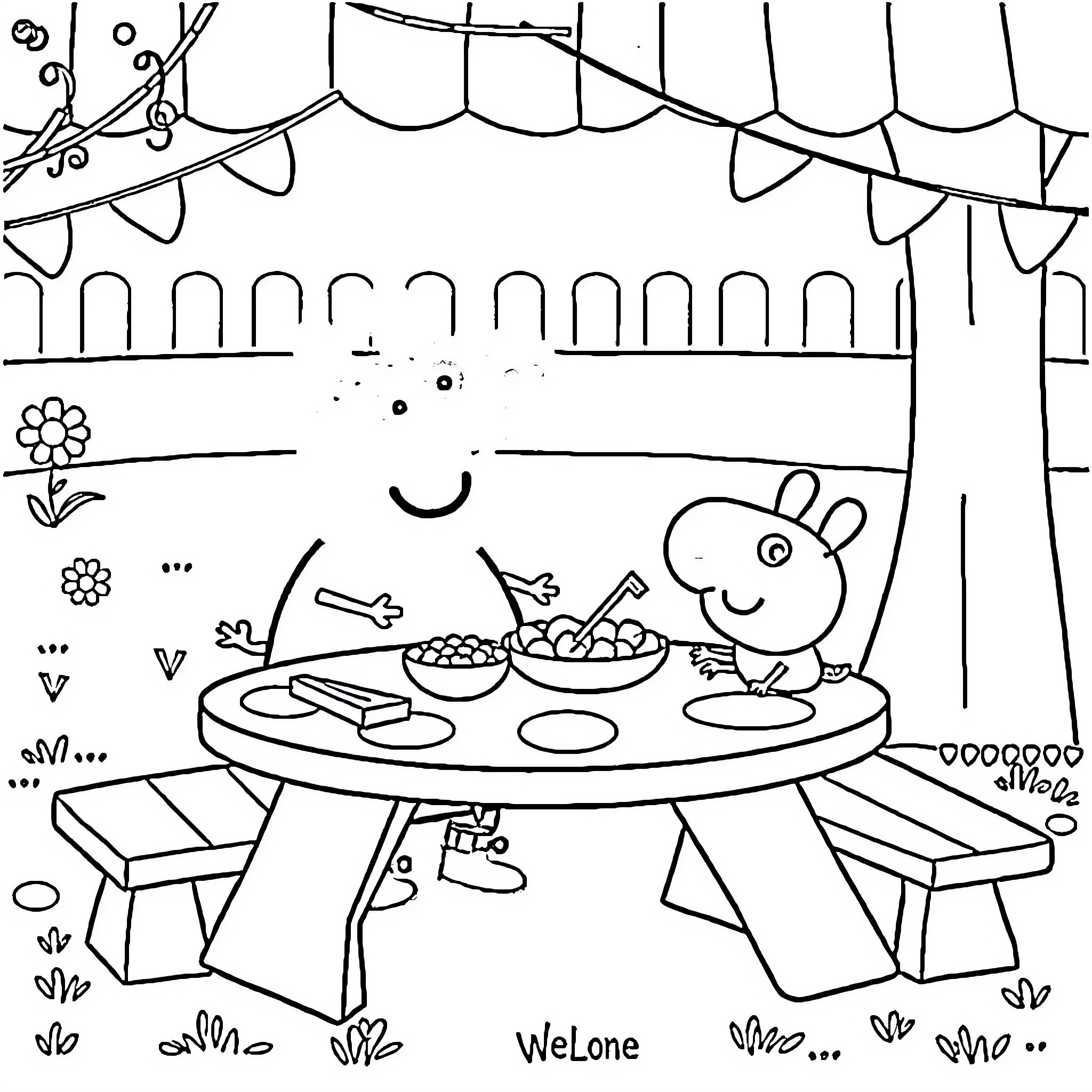 Peppa Pig having a picnic in the park Coloring Page (free black-and-white line drawing printable PDF for all, from beginners to advanced learners, including children, teens, adults, and seniors)