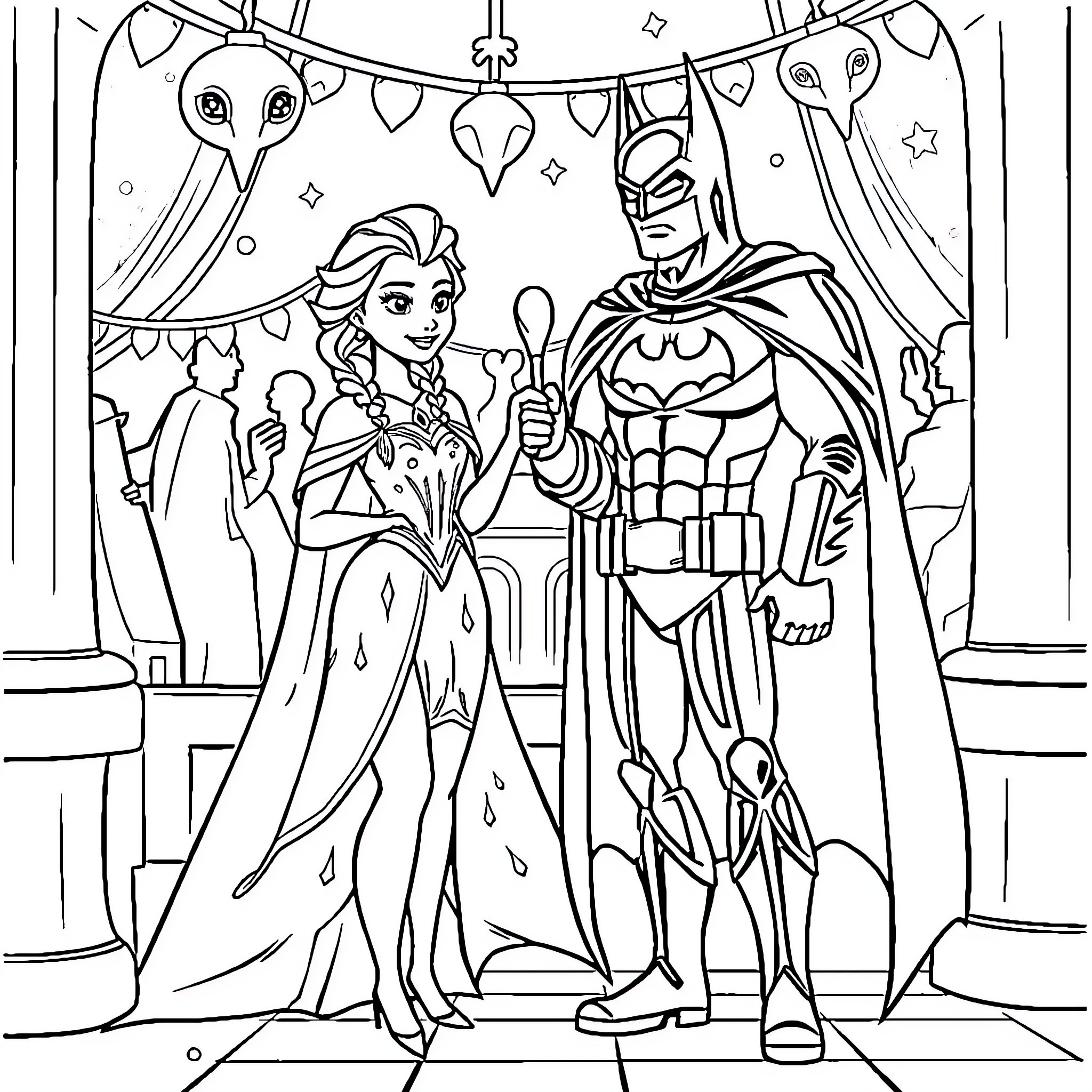 Elsa and Batman Celebrating Halloween Together Coloring Page (free black-and-white line drawing printable PDF for all, from beginners to advanced learners, including children, teens, adults, and seniors)