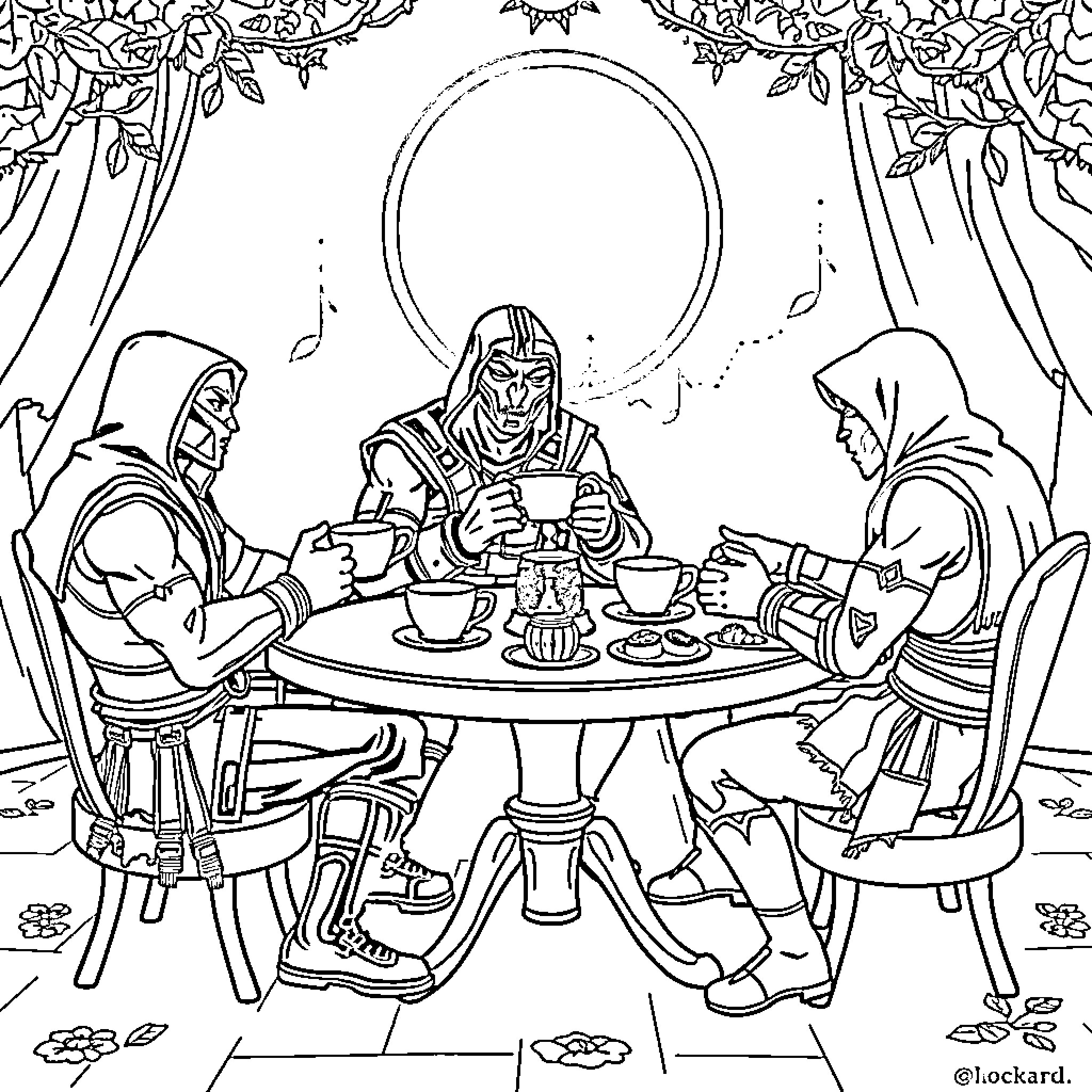Mortal Combat: Sorcerers Sharing Meal in Mystical Garden Coloring Page (free black-and-white line drawing printable PDF for all, from beginners to advanced learners, including children, teens, adults, and seniors)