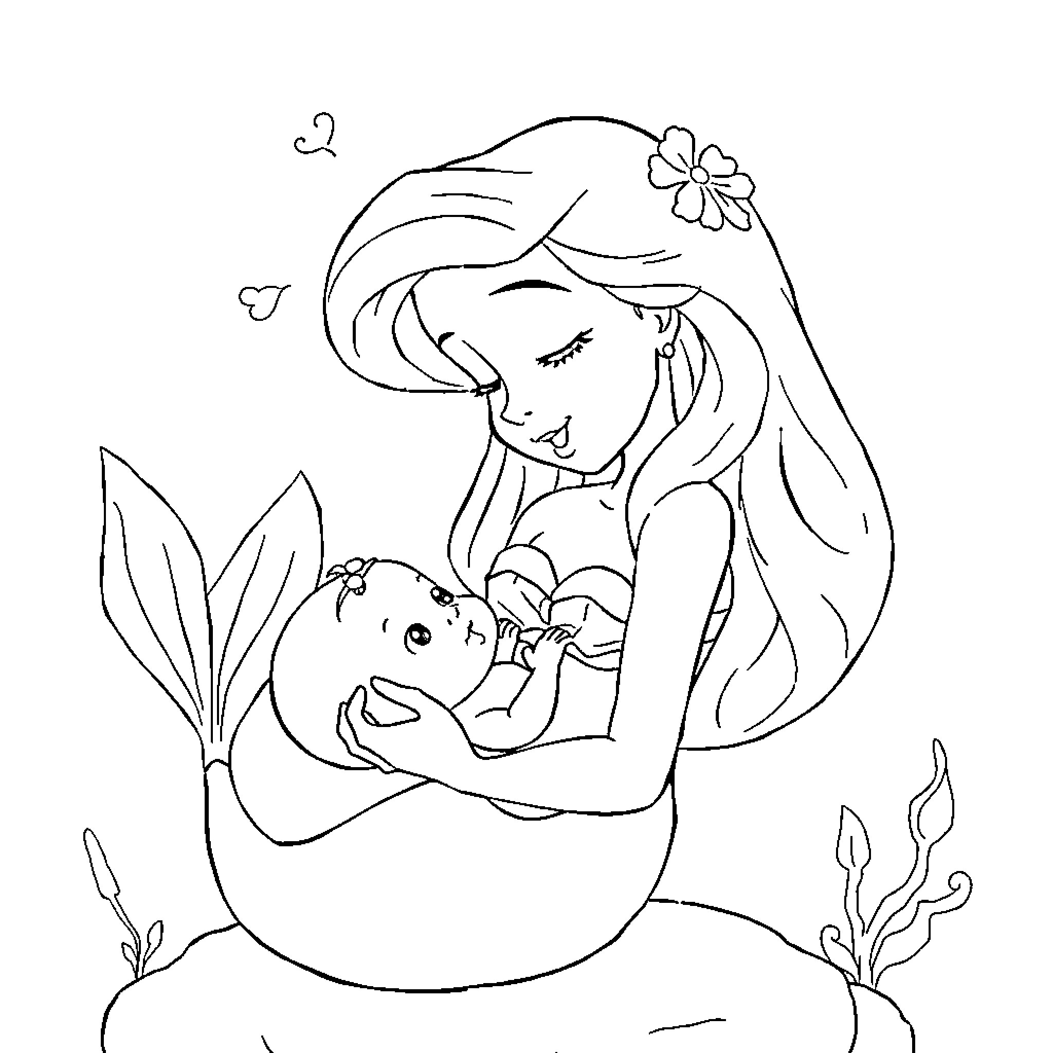 Ariel cradling a newborn in the ocean Coloring Page (free black-and-white line drawing printable PDF for all, from beginners to advanced learners, including children, teens, adults, and seniors)