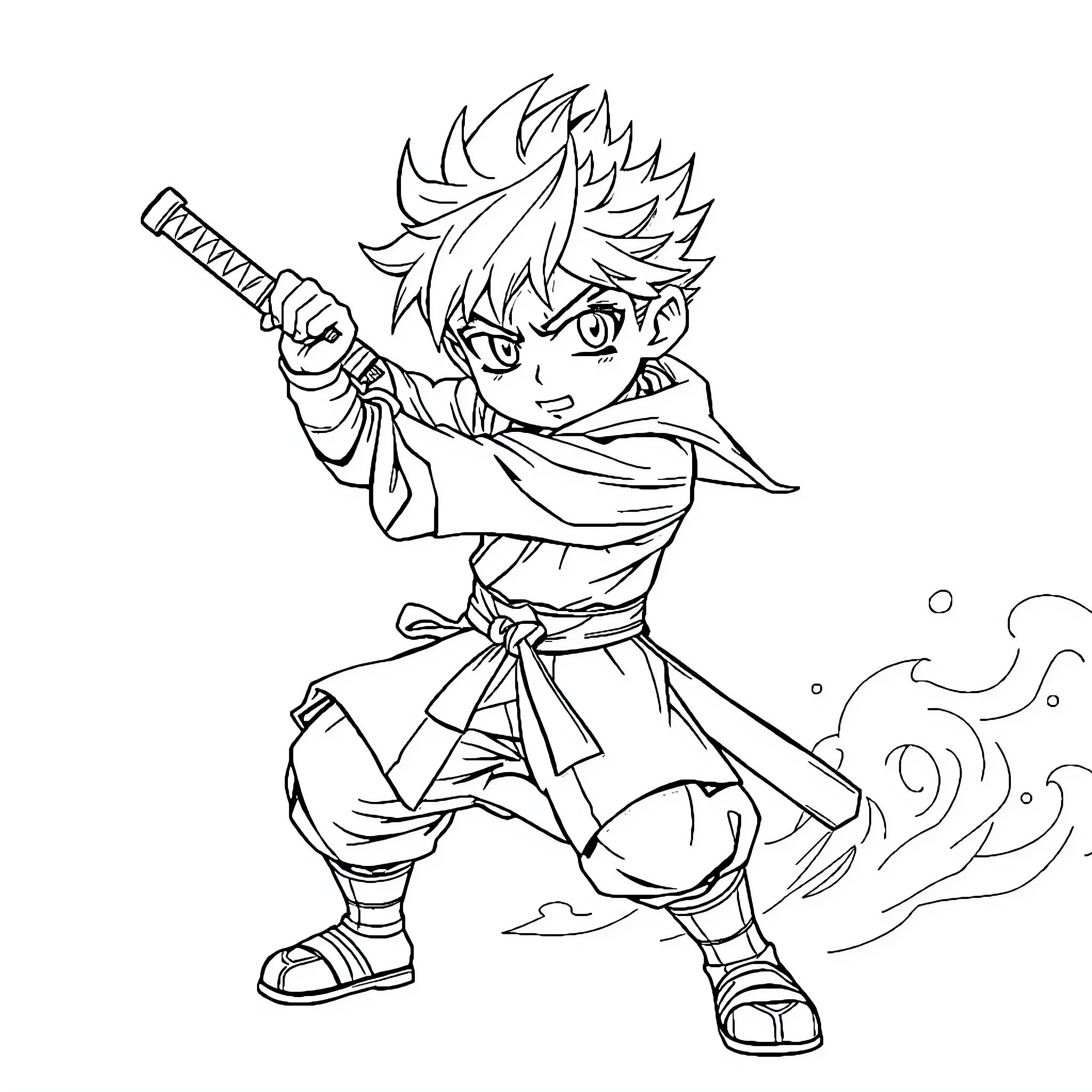 Tanjiro wielding his sword with determination Coloring Page (free black-and-white line drawing printable PDF for all, from beginners to advanced learners, including children, teens, adults, and seniors)