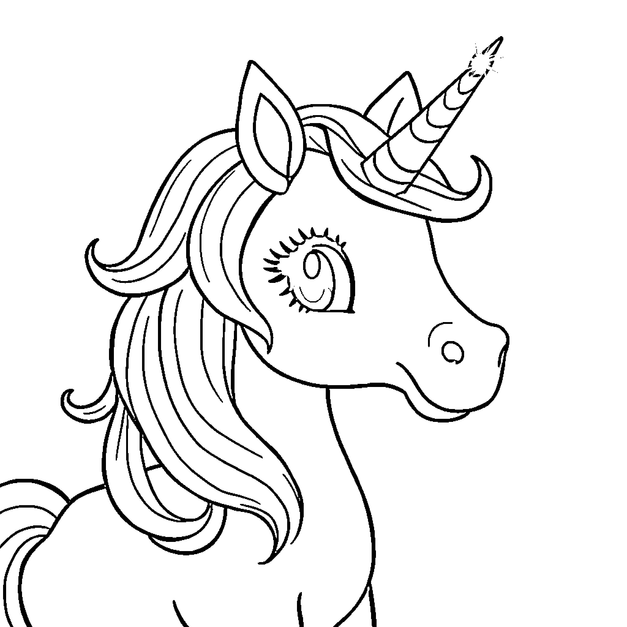 Unicorn with whimsical details and expression Coloring Page (free black-and-white line drawing printable PDF for all, from beginners to advanced learners, including children, teens, adults, and seniors)