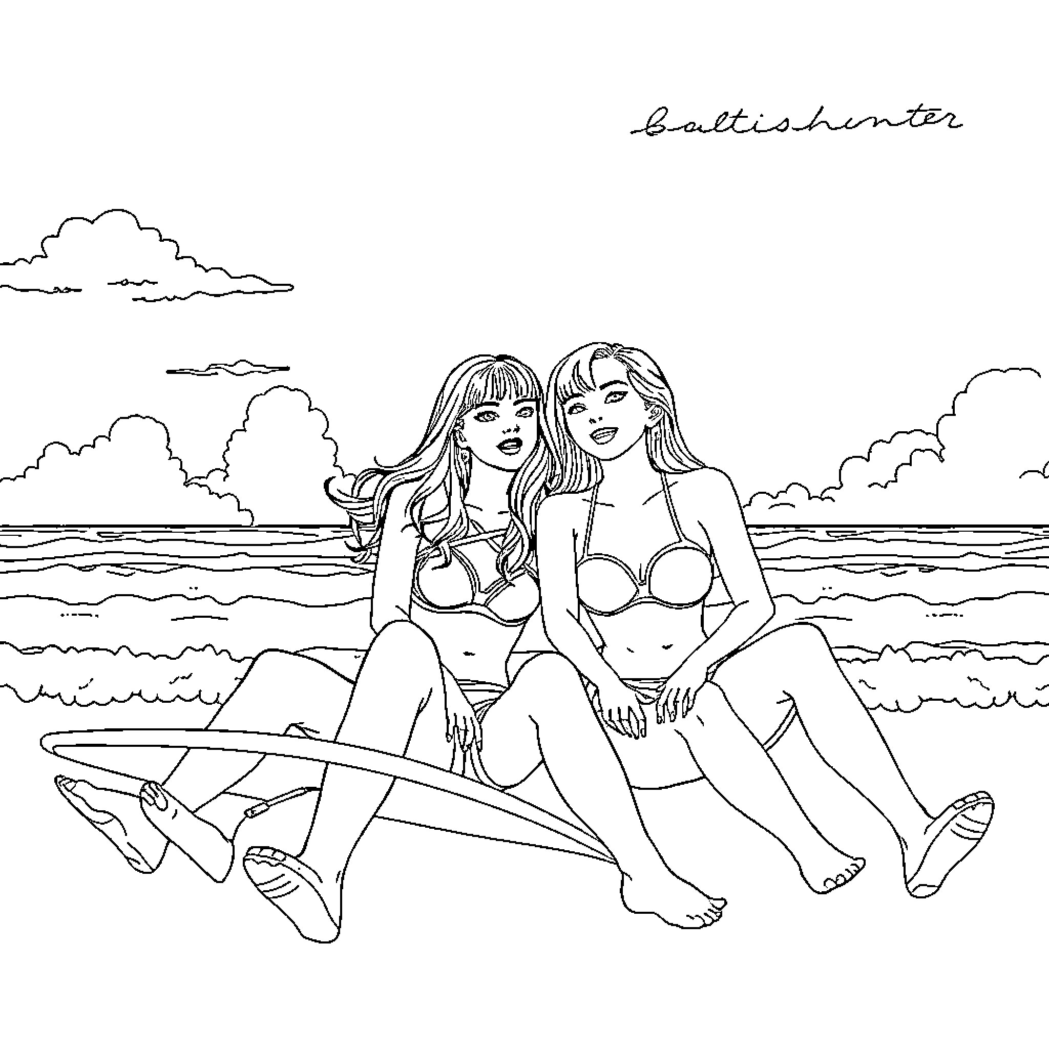 Kpop stars basking on the beach Coloring Page (free black-and-white line drawing printable PDF for all, from beginners to advanced learners, including children, teens, adults, and seniors)