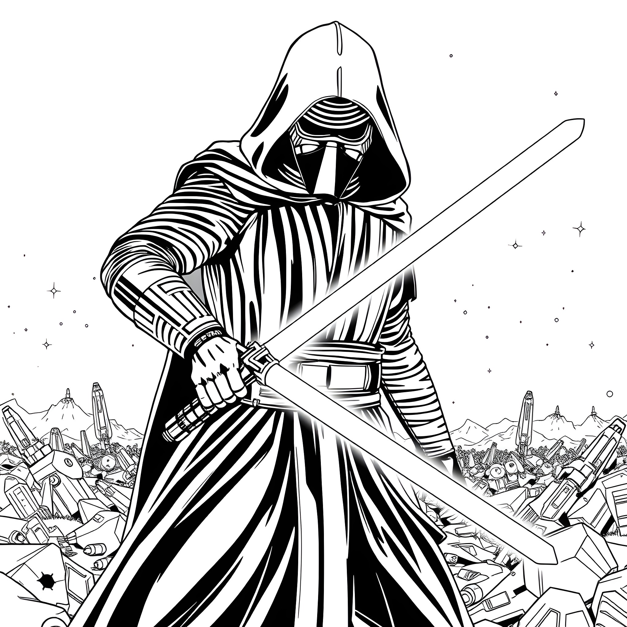 Kylo Ren wielding his lightsaber on the battlefield Coloring Page (free black-and-white line drawing printable PDF for all, from beginners to advanced learners, including children, teens, adults, and seniors)