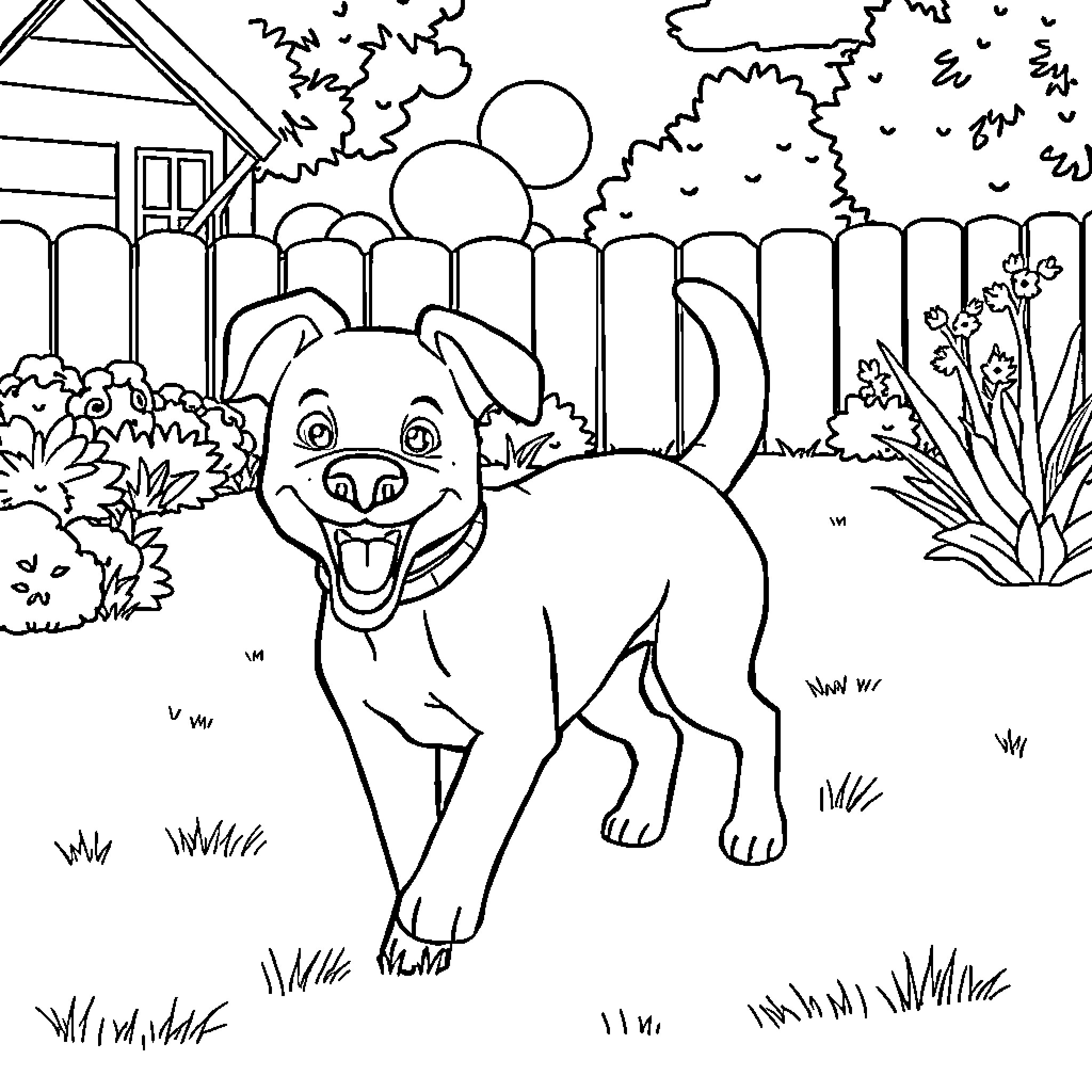 Dog playing joyfully in a backyard Coloring Page (free black-and-white line drawing printable PDF for all, from beginners to advanced learners, including children, teens, adults, and seniors)