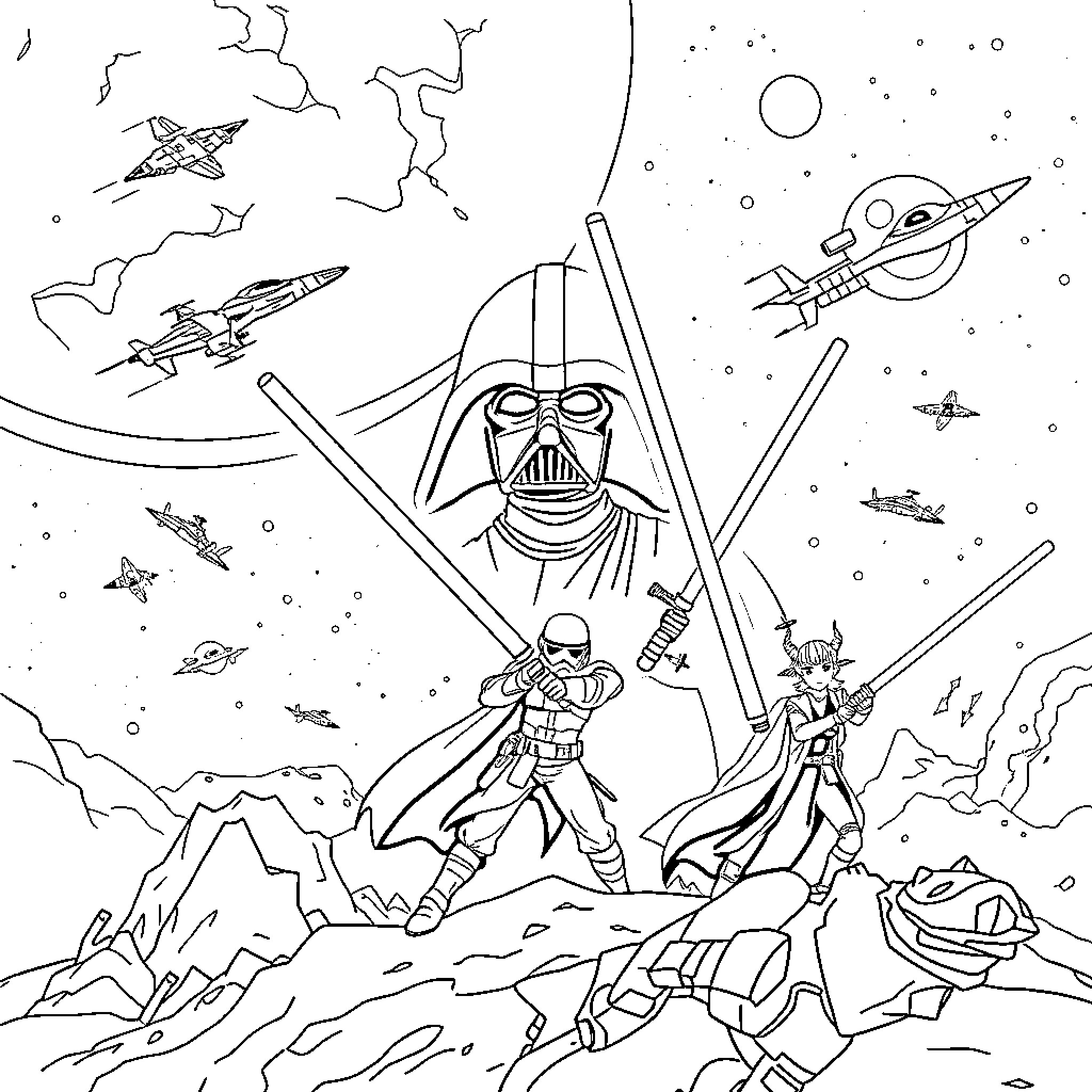 Star Wars Iconic Characters in Intergalactic Battle Coloring Page (free black-and-white line drawing printable PDF for all, from beginners to advanced learners, including children, teens, adults, and seniors)