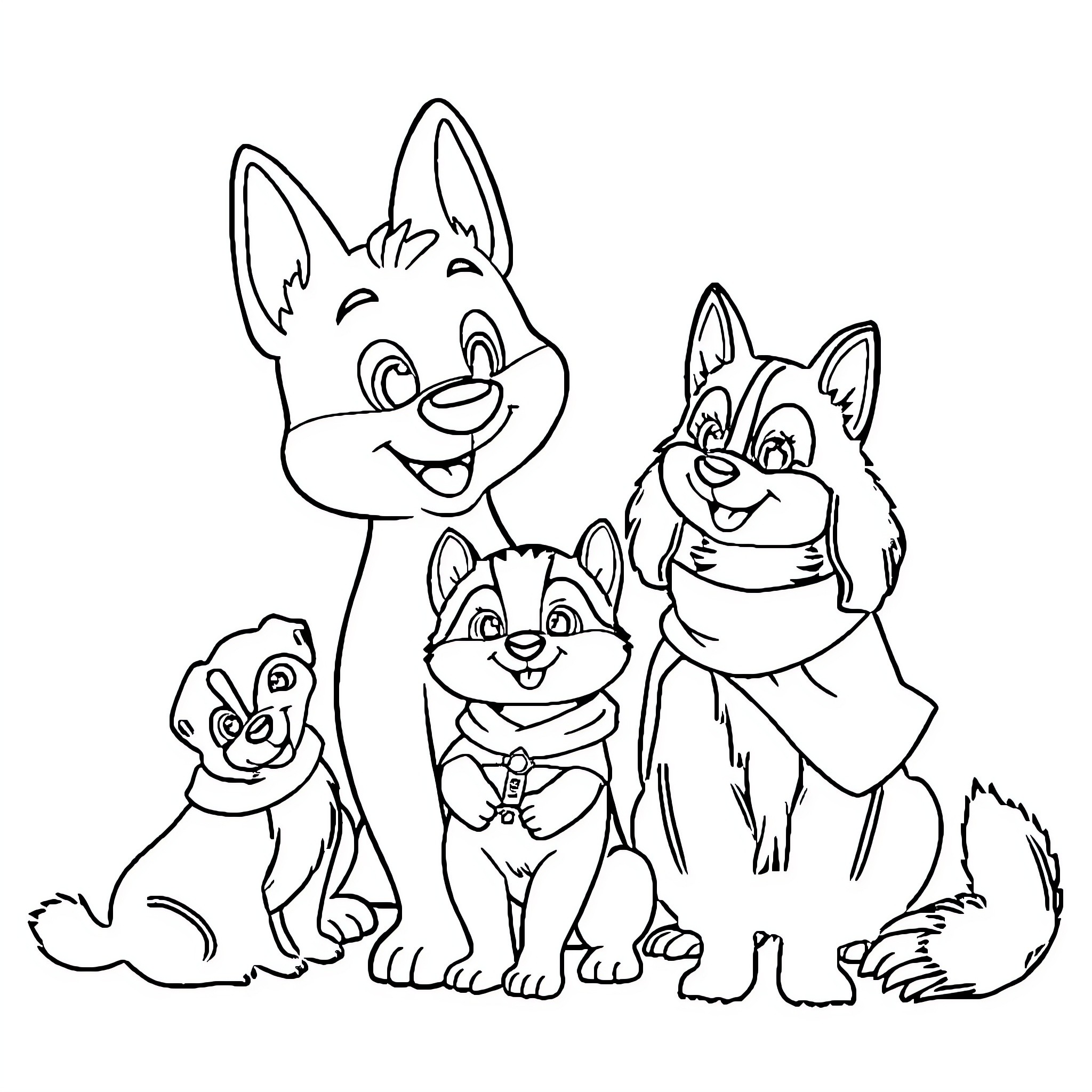 Paw Patrol characters in animated style Coloring Page (free black-and-white line drawing printable PDF for all, from beginners to advanced learners, including children, teens, adults, and seniors)