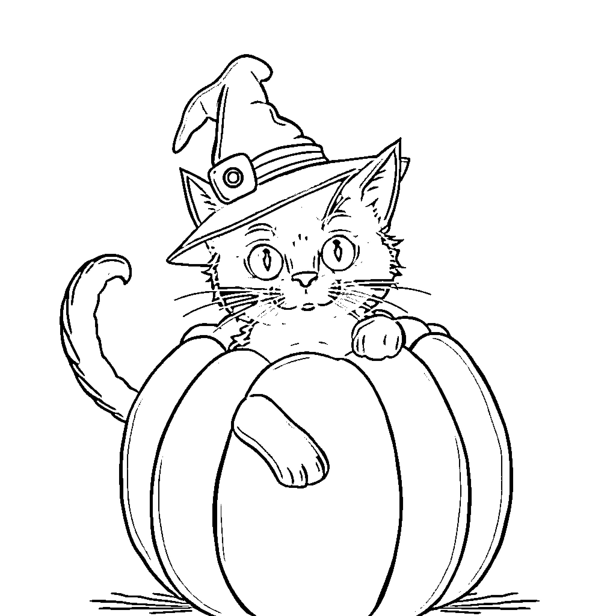 Cat in witch's hat on pumpkin Coloring Page (free black-and-white line drawing printable PDF for all, from beginners to advanced learners, including children, teens, adults, and seniors)