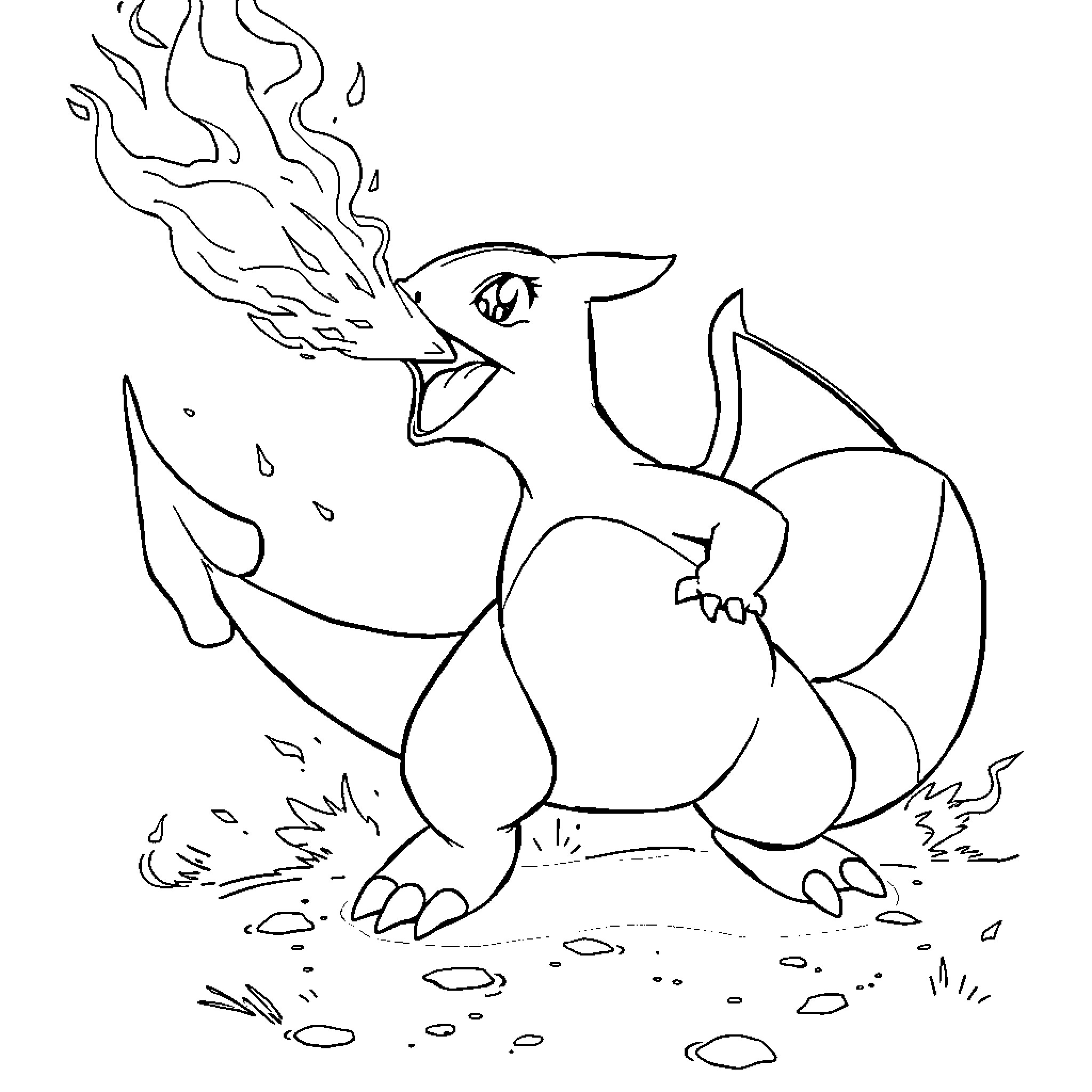Charmander Exhaling Flames Coloring Page (free black-and-white line drawing printable PDF for all, from beginners to advanced learners, including children, teens, adults, and seniors)