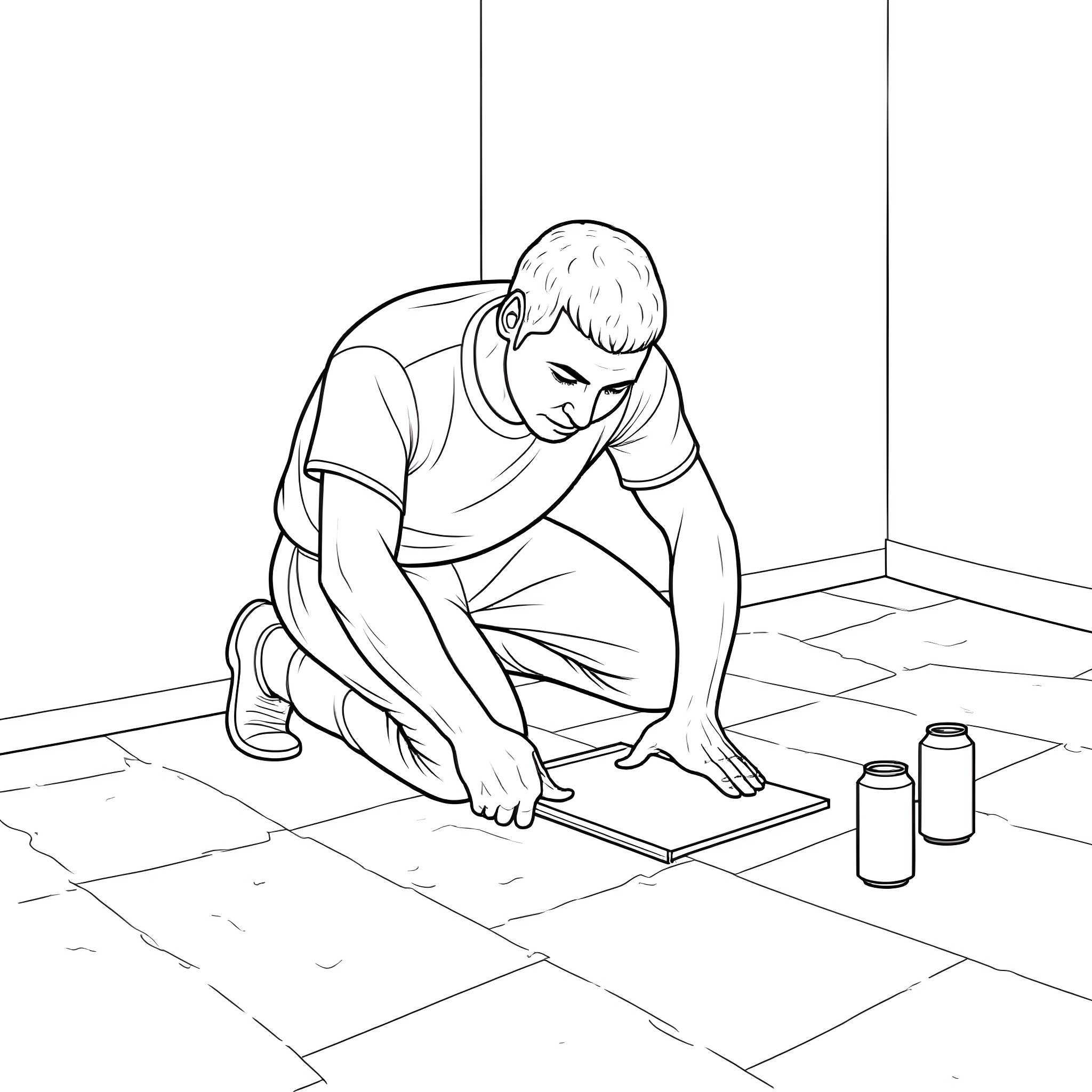 Man Laying Tiles on Floor Coloring Page (free black-and-white line drawing printable PDF for all, from beginners to advanced learners, including children, teens, adults, and seniors)
