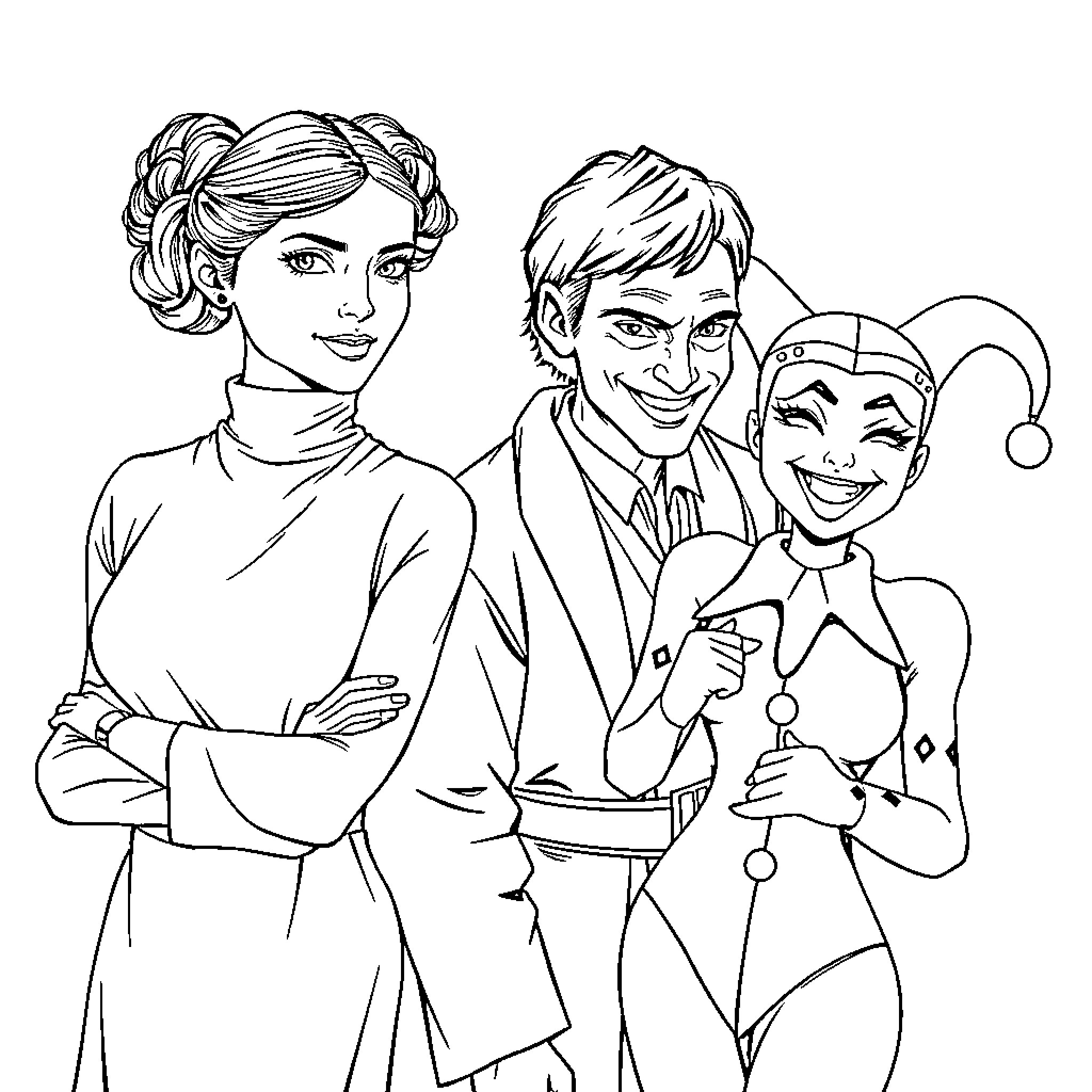 Princess Leia, Han Solo, and Jester in Conversation Coloring Page (free black-and-white line drawing printable PDF for all, from beginners to advanced learners, including children, teens, adults, and seniors)