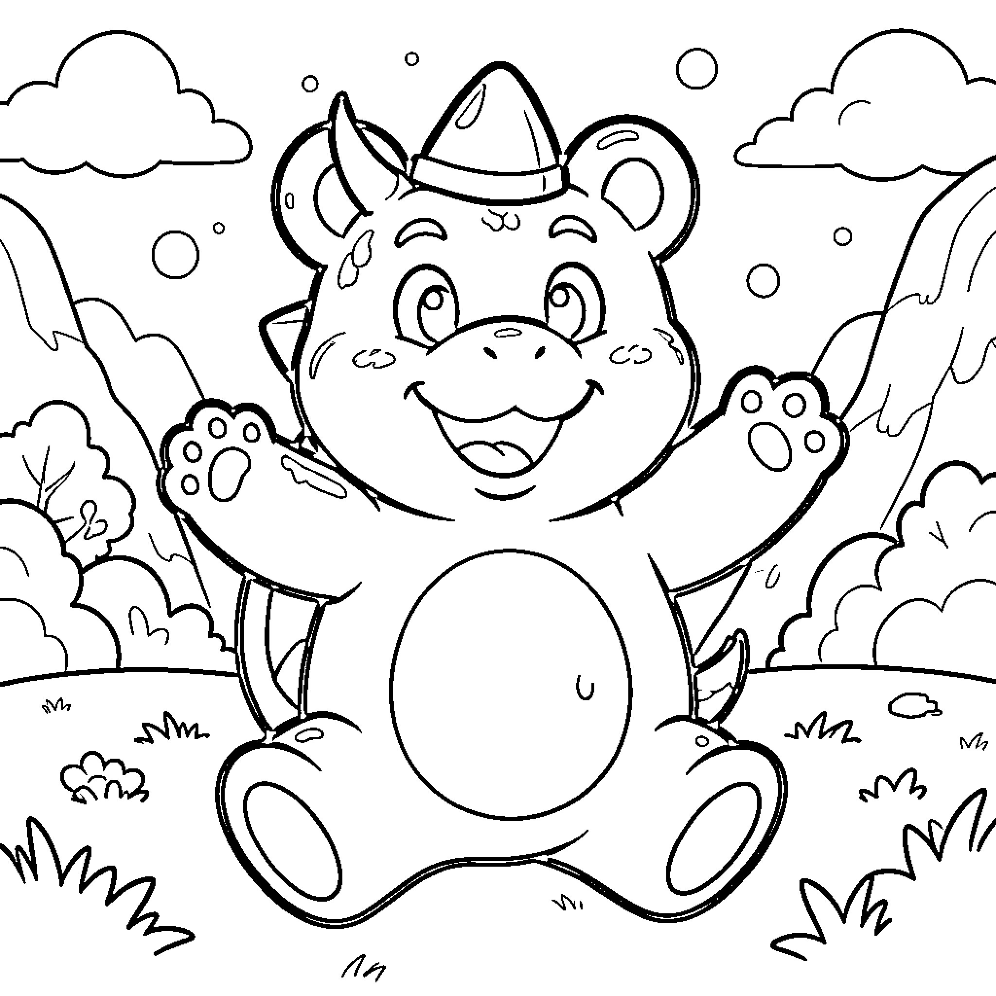 Bowser Junior smiling with arms raised in nature Coloring Page (free black-and-white line drawing printable PDF for all, from beginners to advanced learners, including children, teens, adults, and seniors)