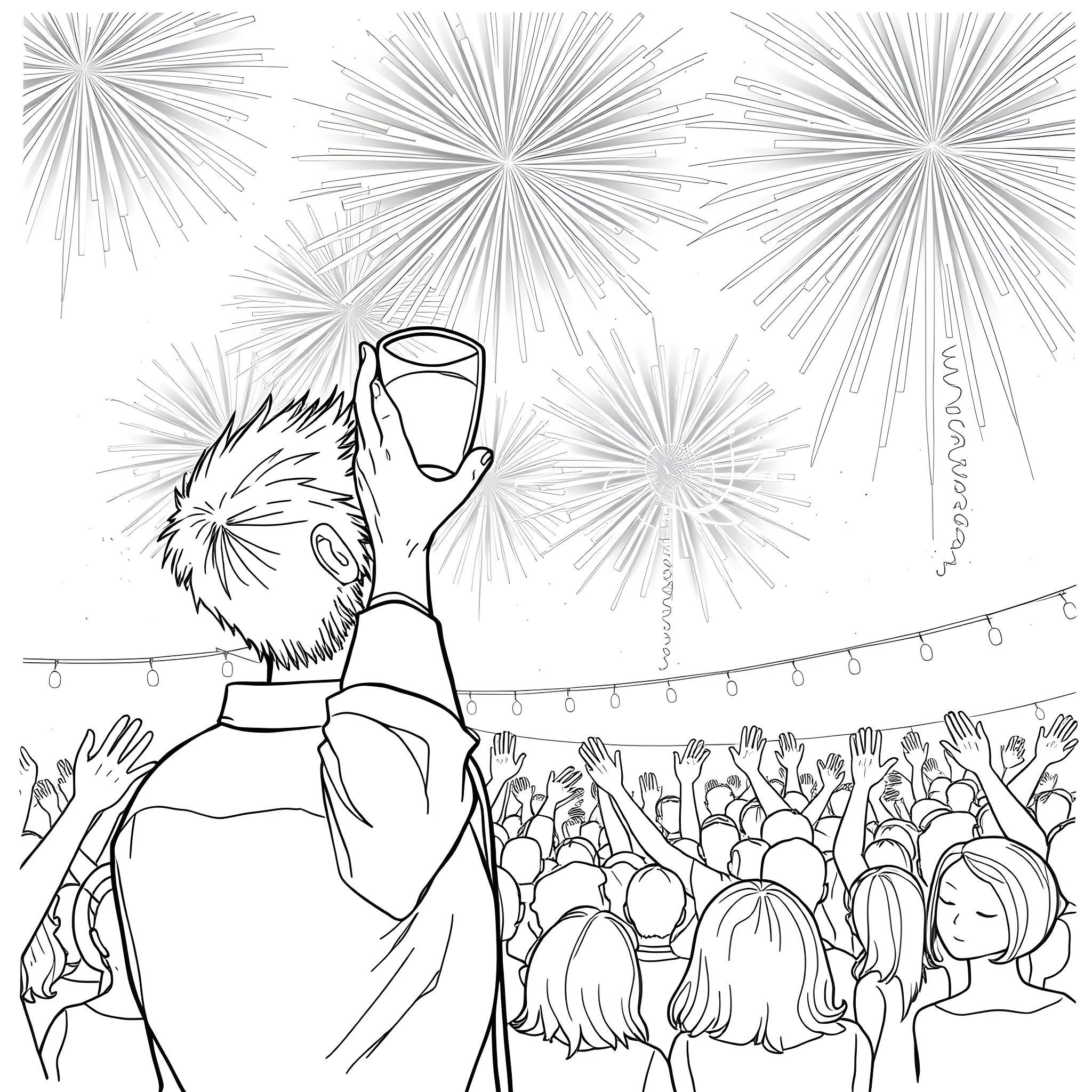 Guy watching fireworks with a crowd Coloring Page (free black-and-white line drawing printable PDF for all, from beginners to advanced learners, including children, teens, adults, and seniors)