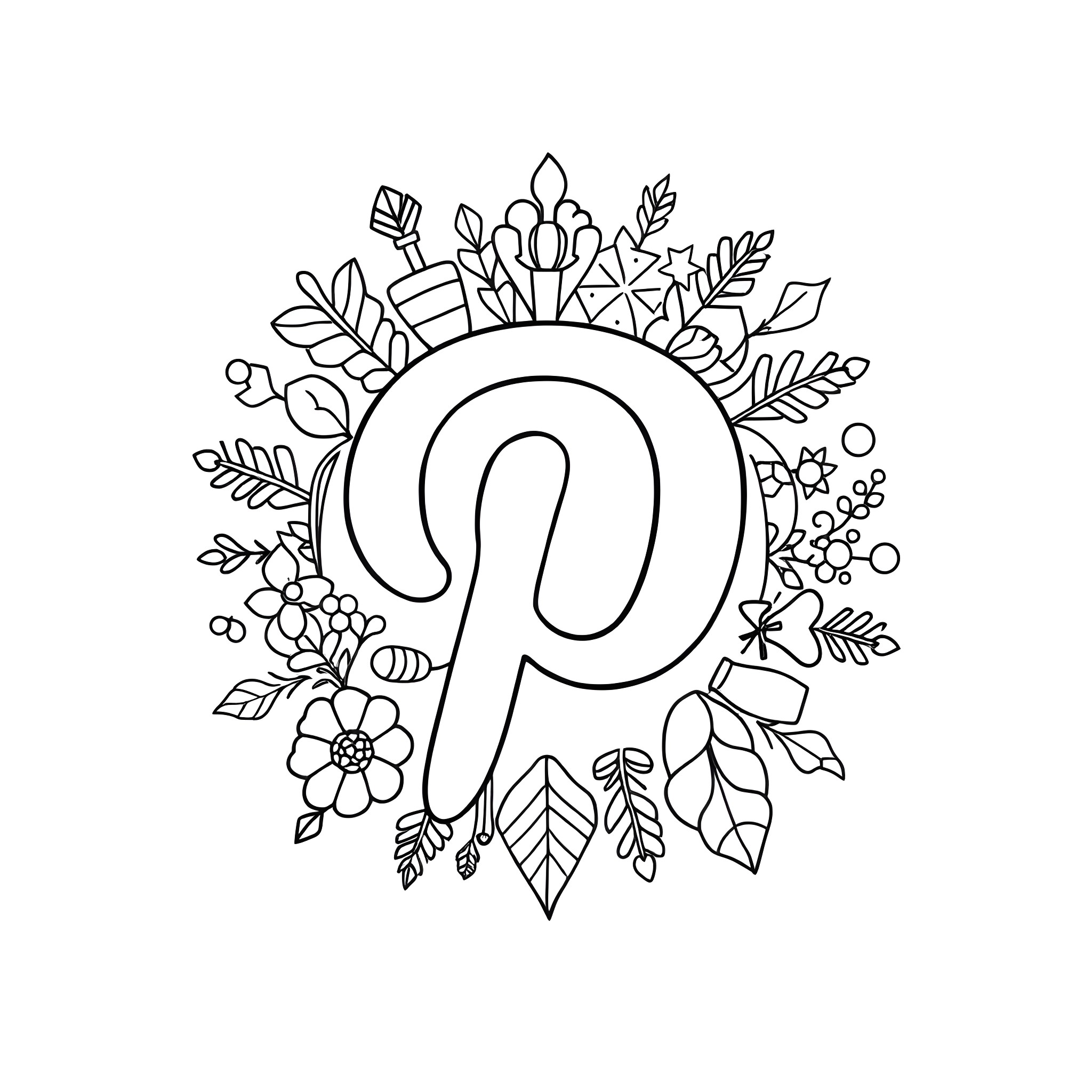 Pinterest floral letter P illustration Coloring Page (free black-and-white line drawing printable PDF for all, from beginners to advanced learners, including children, teens, adults, and seniors)