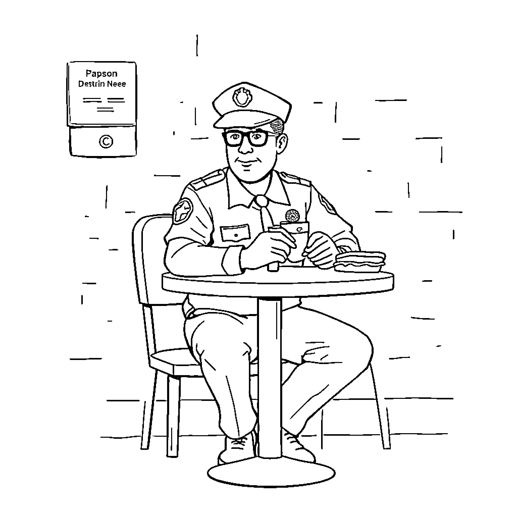 Detention Officer Performing Duties at Desk Coloring Page (free black-and-white line drawing printable PDF for all, from beginners to advanced learners, including children, teens, adults, and seniors)