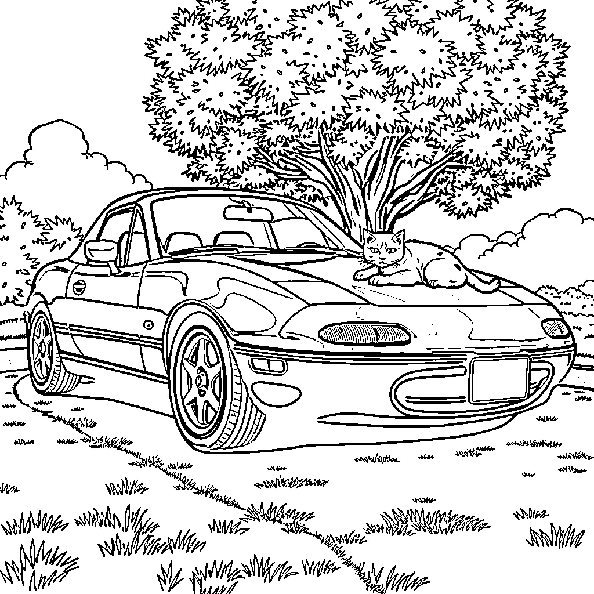 NA Miata parked in a serene nature setting Coloring Page (free black-and-white line drawing printable PDF for all, from beginners to advanced learners, including children, teens, adults, and seniors)