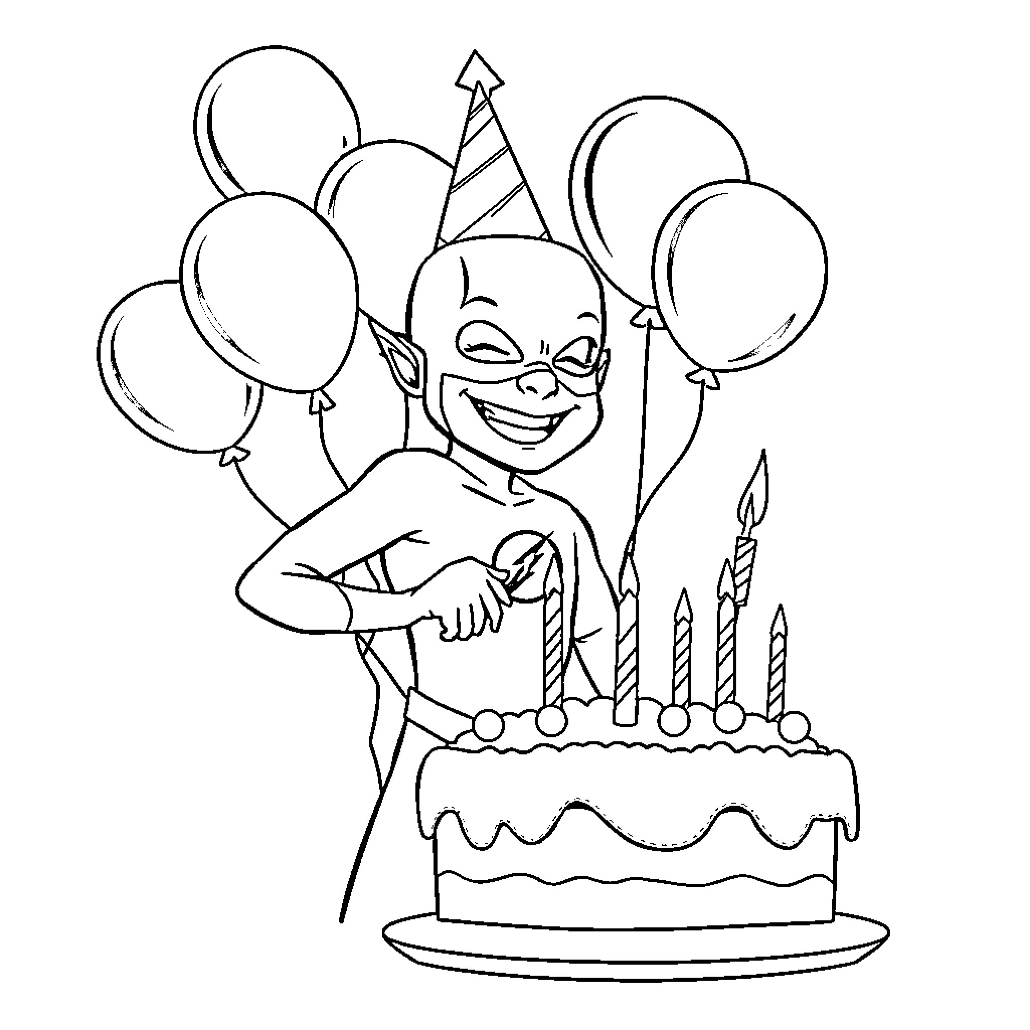 Flash of Celebration with Balloons and Cake Coloring Page (free black-and-white line drawing printable PDF for all, from beginners to advanced learners, including children, teens, adults, and seniors)