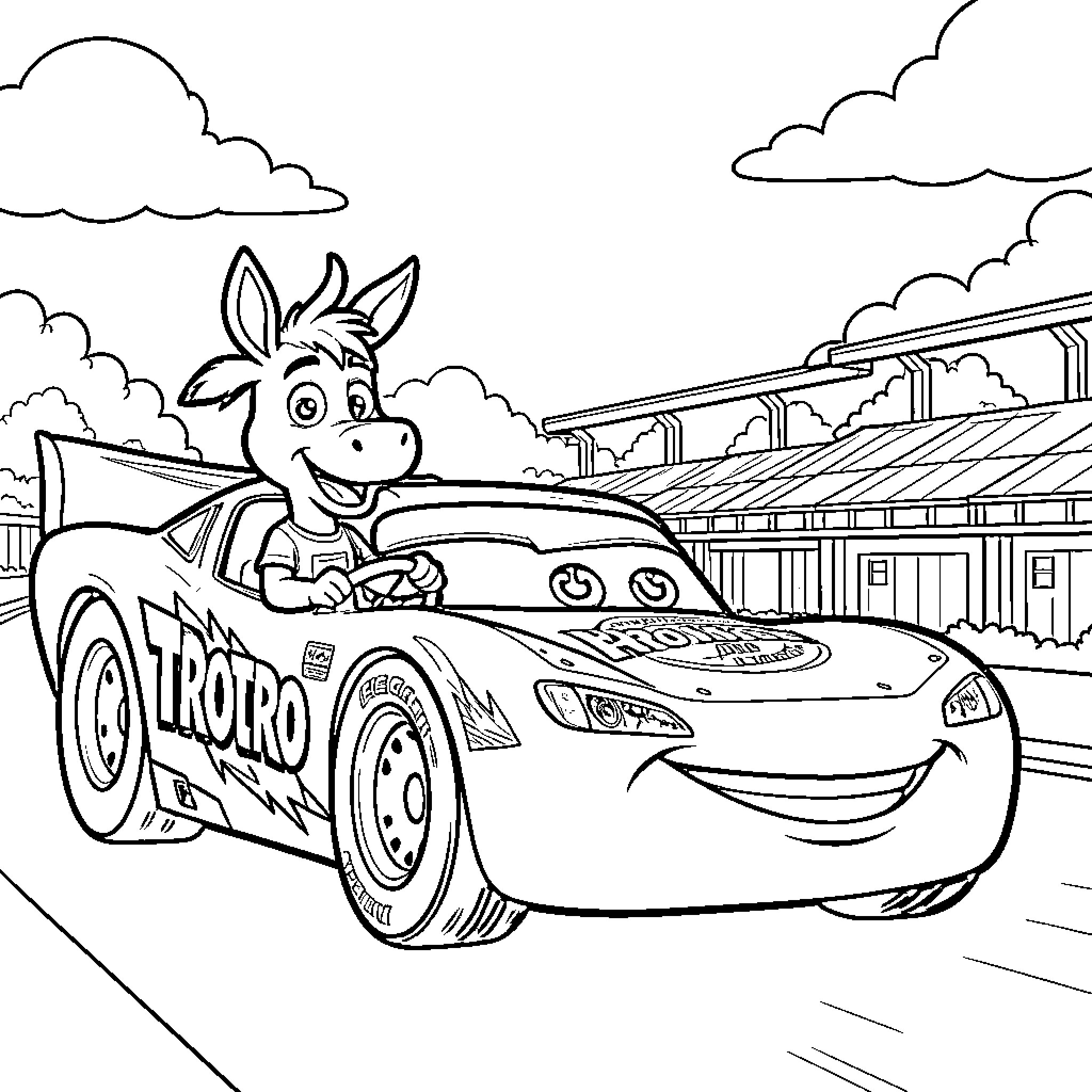 Ane anthropomorphic donkey driving a racing car happily Coloring Page (free black-and-white line drawing printable PDF for all, from beginners to advanced learners, including children, teens, adults, and seniors)