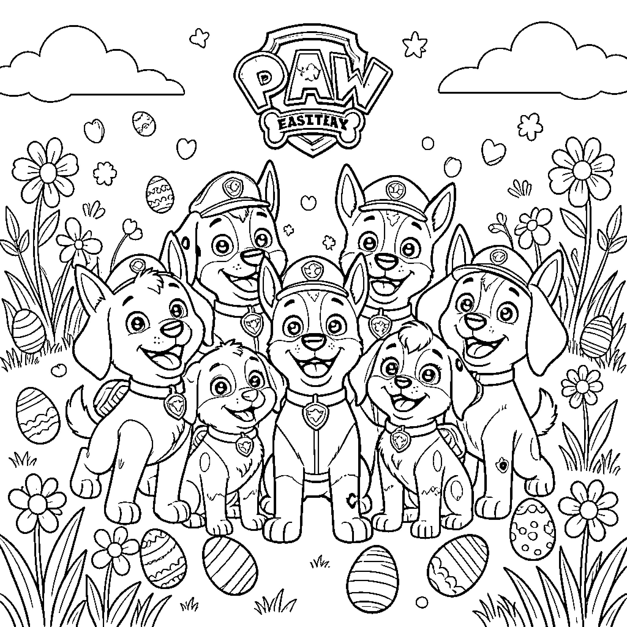 Paw Patrol Dog team in Easter-themed scene Coloring Page (free black-and-white line drawing printable PDF for all, from beginners to advanced learners, including children, teens, adults, and seniors)