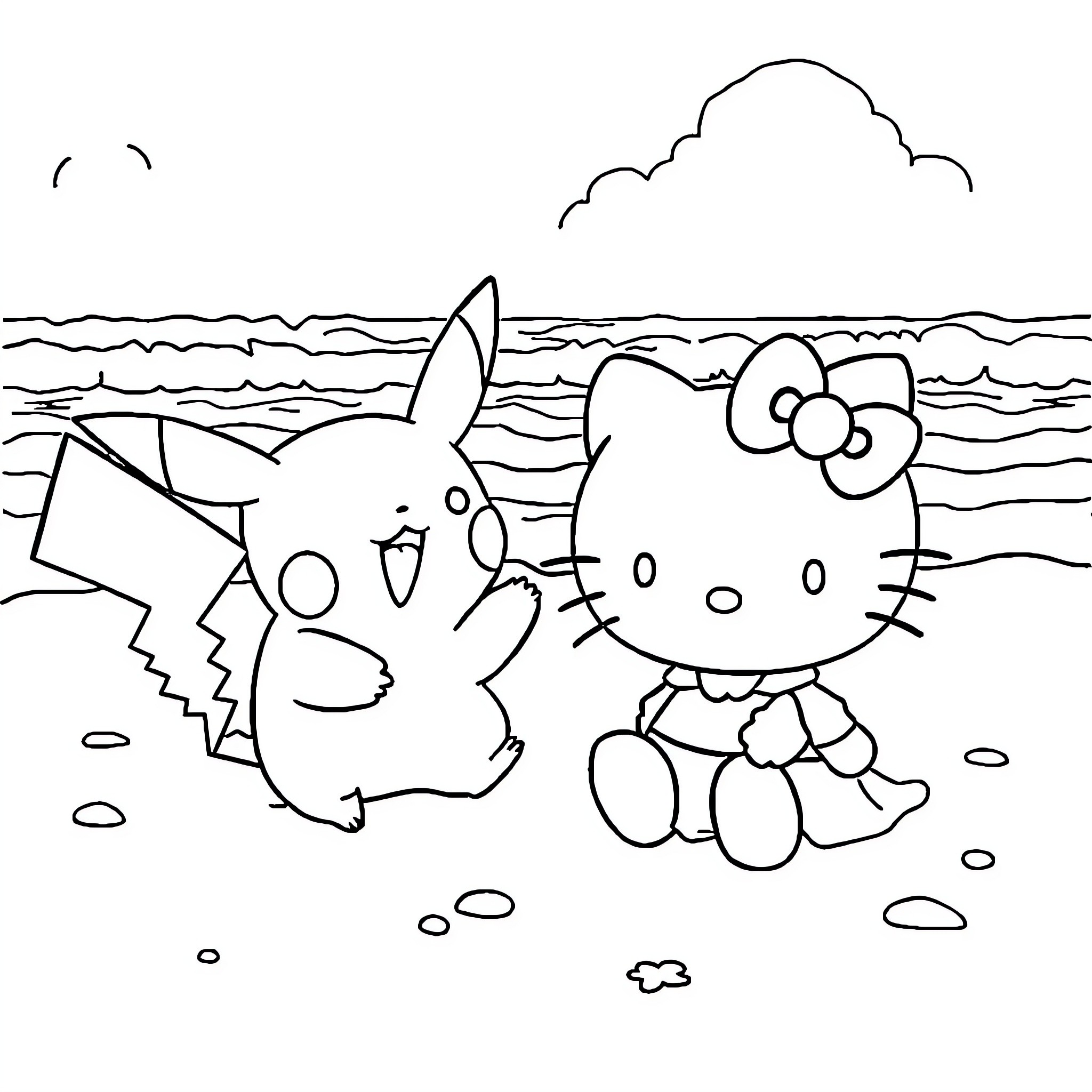 Pikachu and Hello Kitty playing on the beach Coloring Page (free black-and-white line drawing printable PDF for all, from beginners to advanced learners, including children, teens, adults, and seniors)