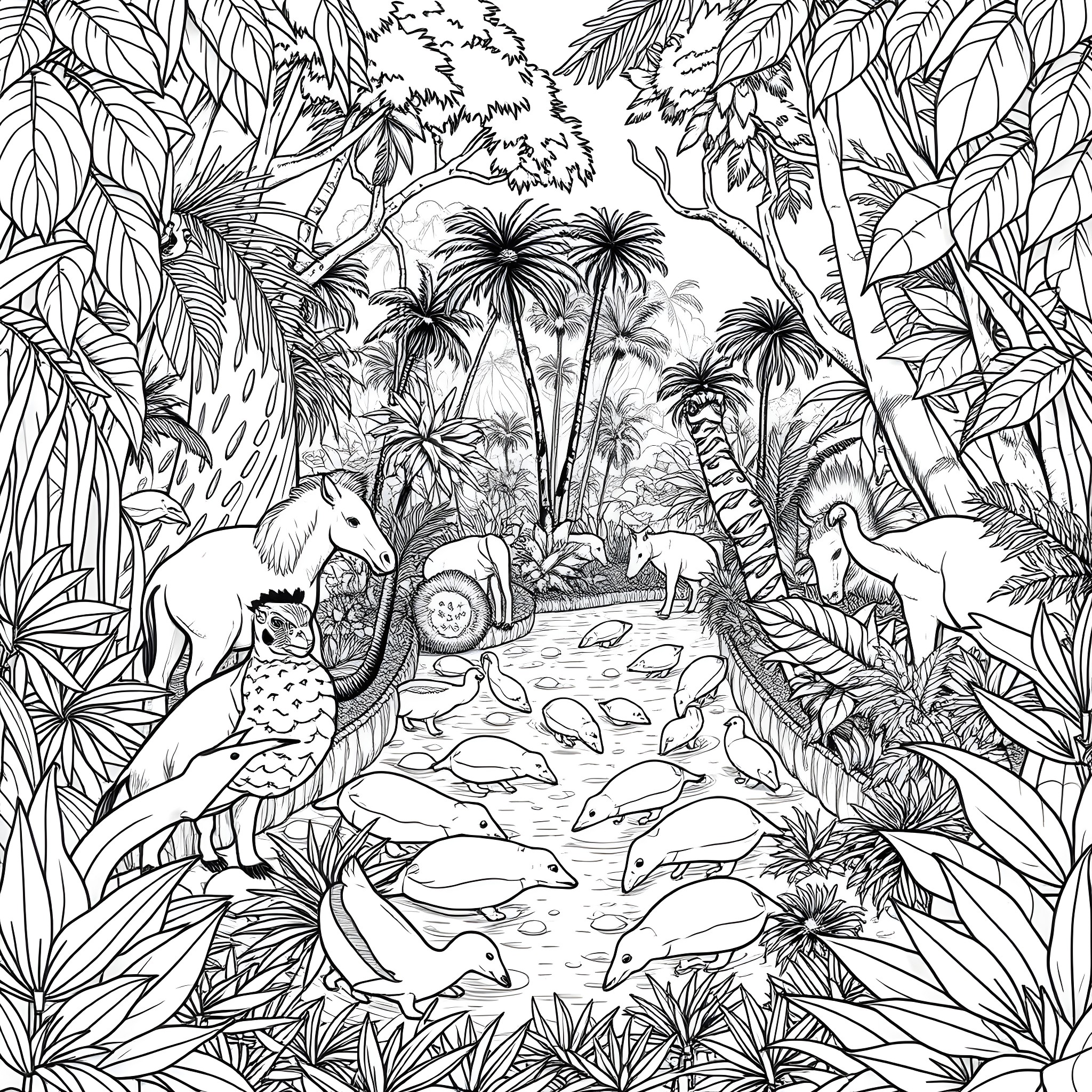 Animal jungle scene with various creatures Coloring Page (free black-and-white line drawing printable PDF for all, from beginners to advanced learners, including children, teens, adults, and seniors)