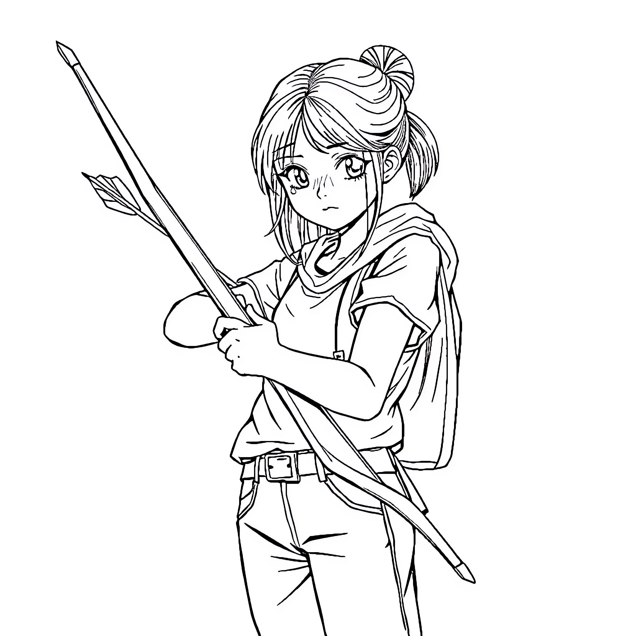 Teen Girl Warrior with Bow and Arrow Coloring Page (free black-and-white line drawing printable PDF for all, from beginners to advanced learners, including children, teens, adults, and seniors)