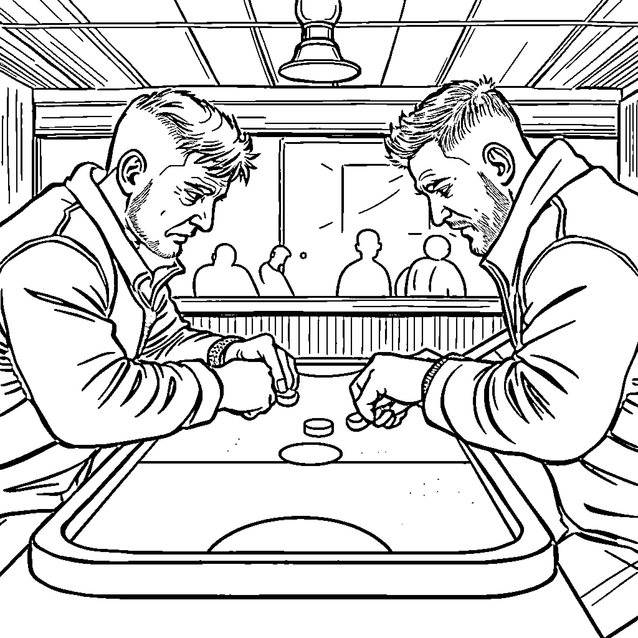Man discussing intently over a table in a courtroom Coloring Page (free black-and-white line drawing printable PDF for all, from beginners to advanced learners, including children, teens, adults, and seniors)