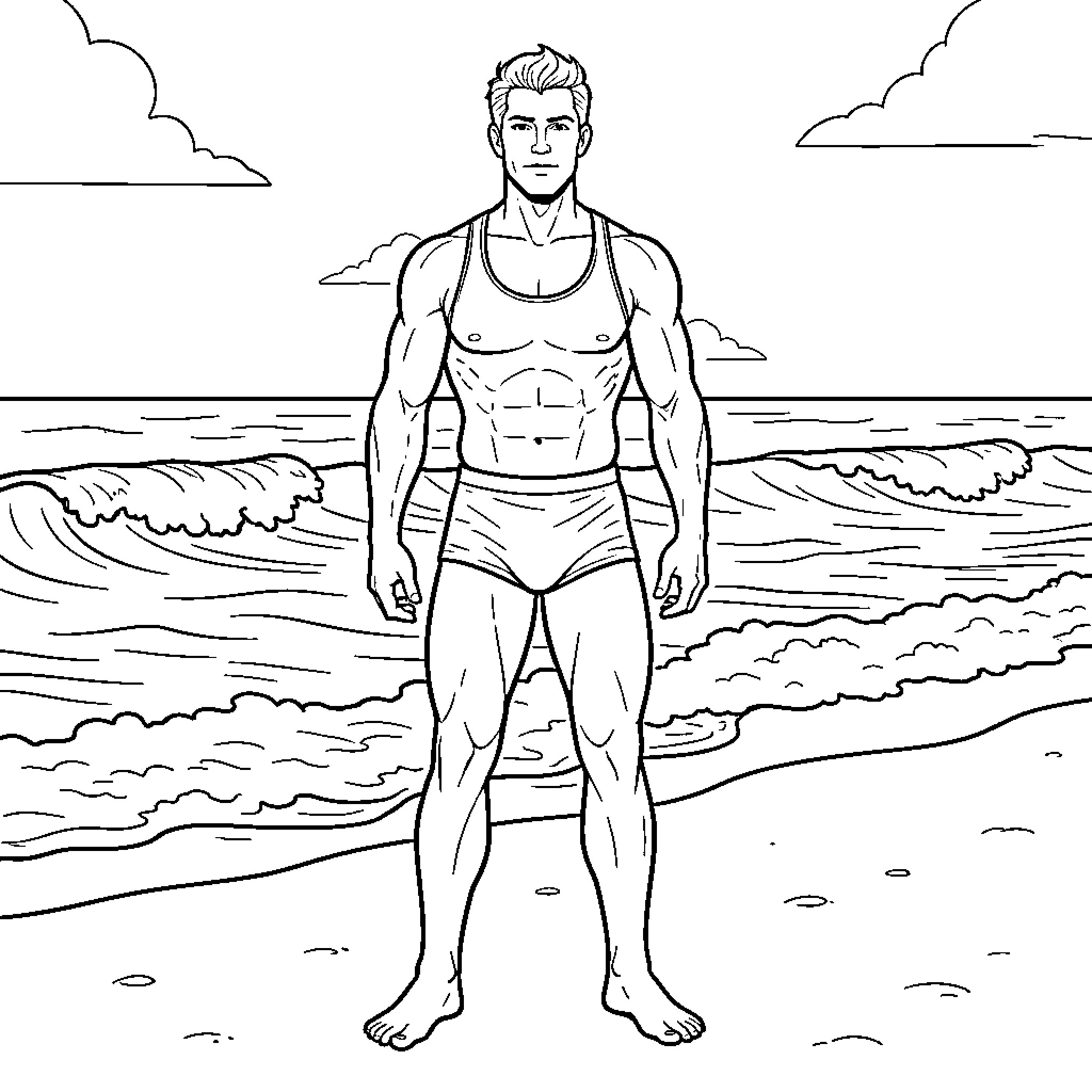 Man standing confidently on a beach in swimwear Coloring Page (free black-and-white line drawing printable PDF for all, from beginners to advanced learners, including children, teens, adults, and seniors)