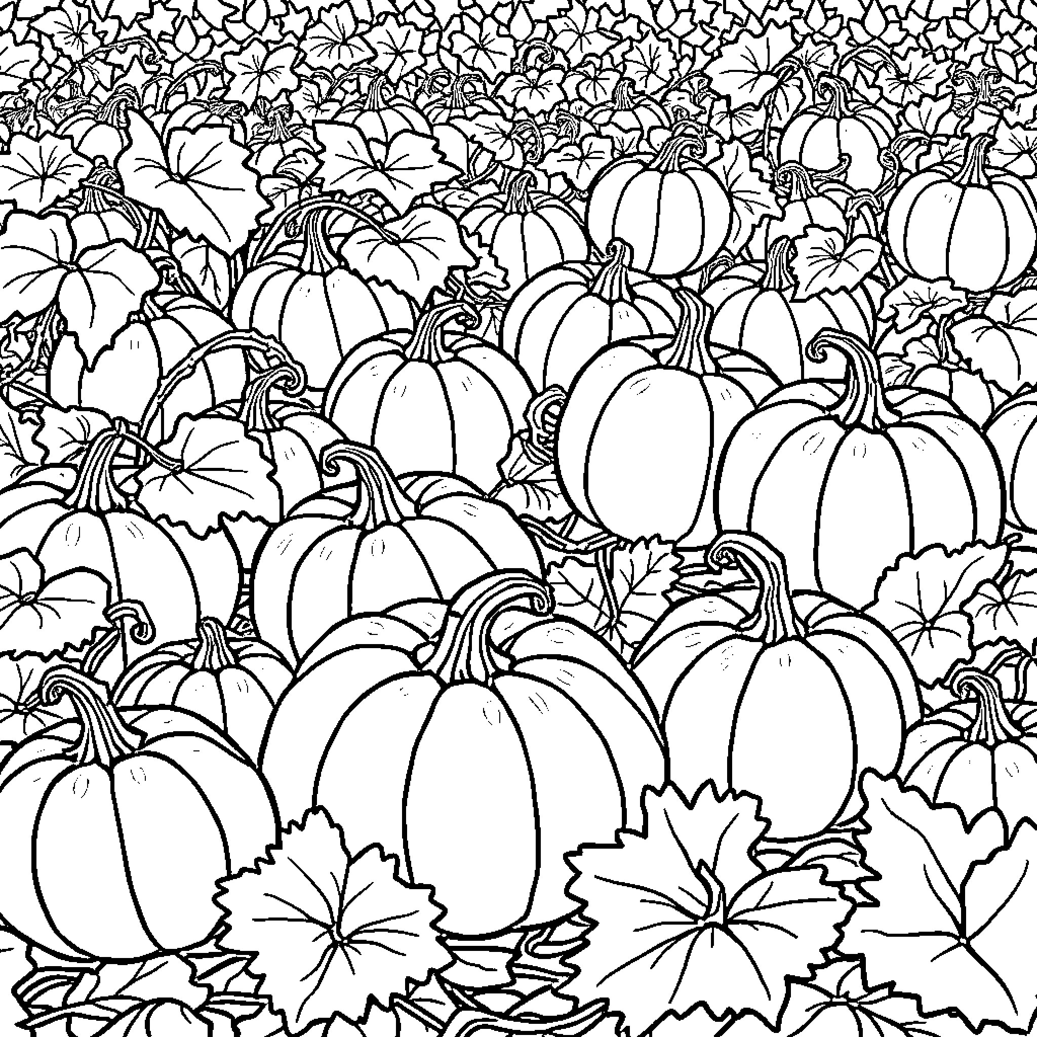Pumpkins amidst fall foliage Coloring Page (free black-and-white line drawing printable PDF for all, from beginners to advanced learners, including children, teens, adults, and seniors)