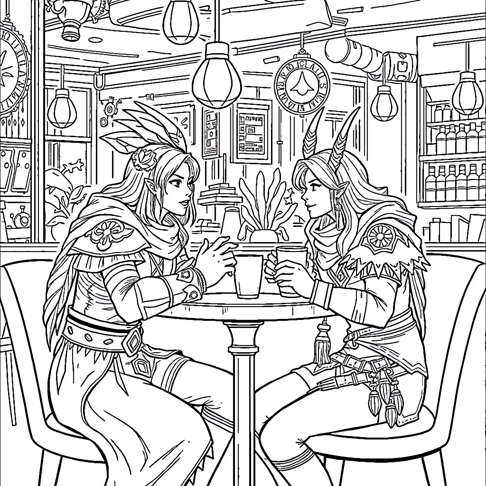 Einhyr warriors dining in a cozy tavern Coloring Page (free black-and-white line drawing printable PDF for all, from beginners to advanced learners, including children, teens, adults, and seniors)