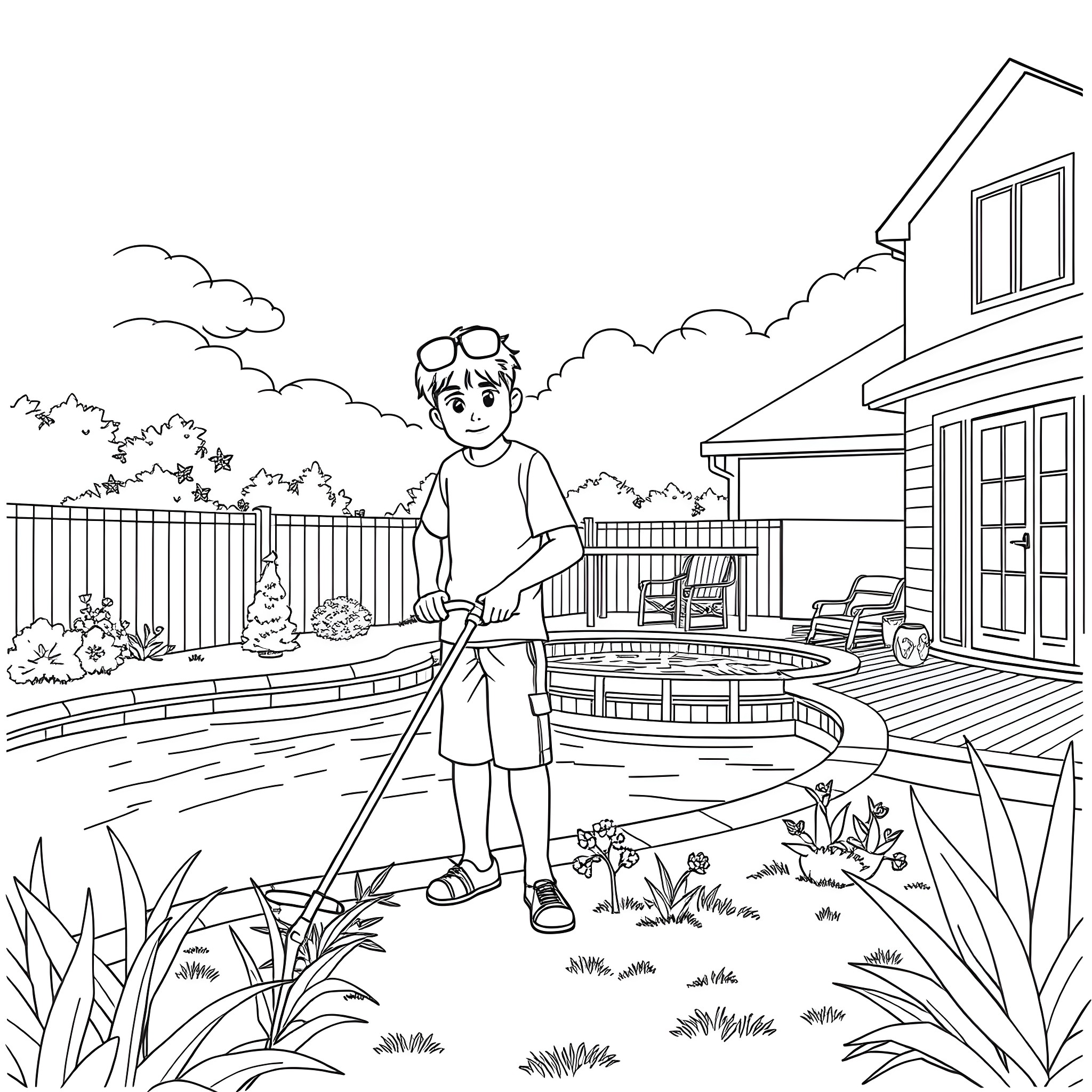 Guy working in his backyard garden near the pool Coloring Page (free black-and-white line drawing printable PDF for all, from beginners to advanced learners, including children, teens, adults, and seniors)